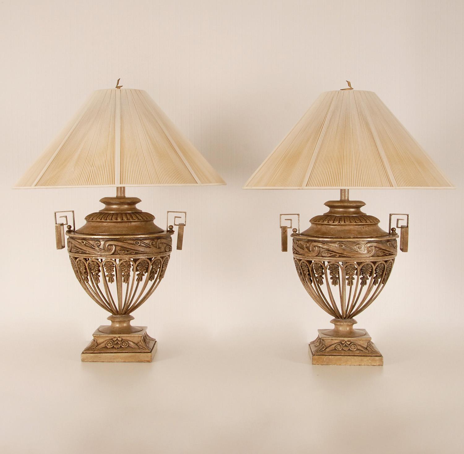 Vintage 1970s Taupe Iron Neoclassical Lamps Openwork Urns Vase Table Lamps 6