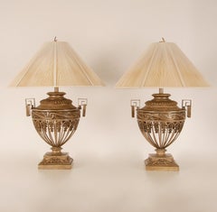 Vintage 1970s Taupe Iron Neoclassical Lamps Openwork Urns Vase Table Lamps