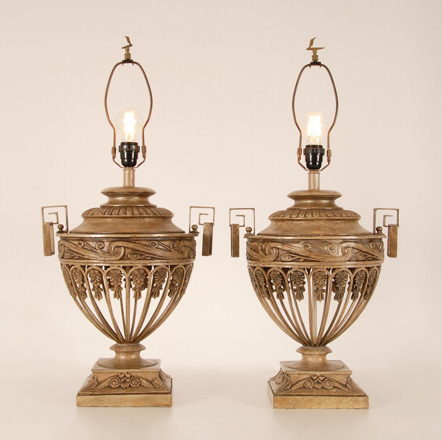 French Vintage 1970s Taupe Iron Neoclassical Lamps Openwork Urns Vase Table Lamps