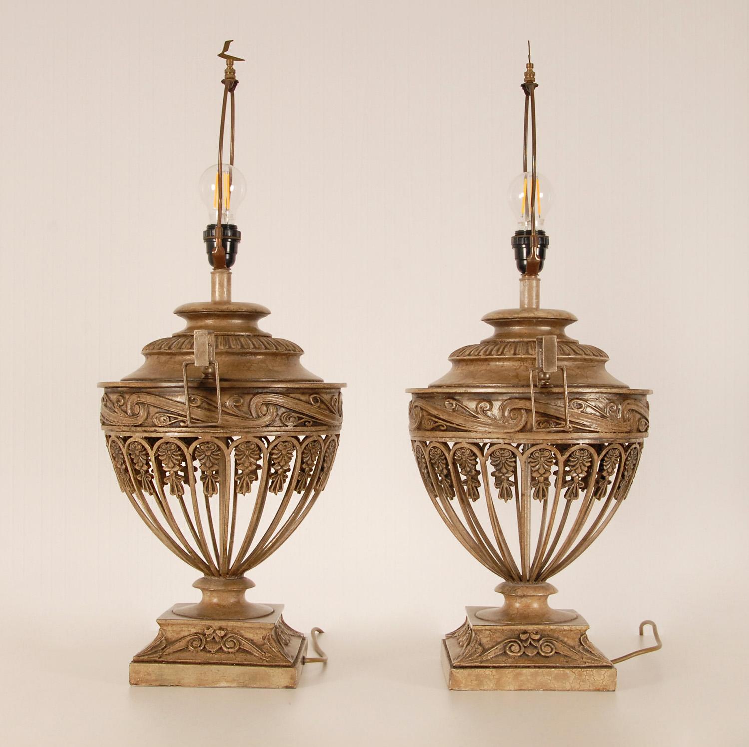 20th Century Vintage 1970s Taupe Iron Neoclassical Lamps Openwork Urns Vase Table Lamps