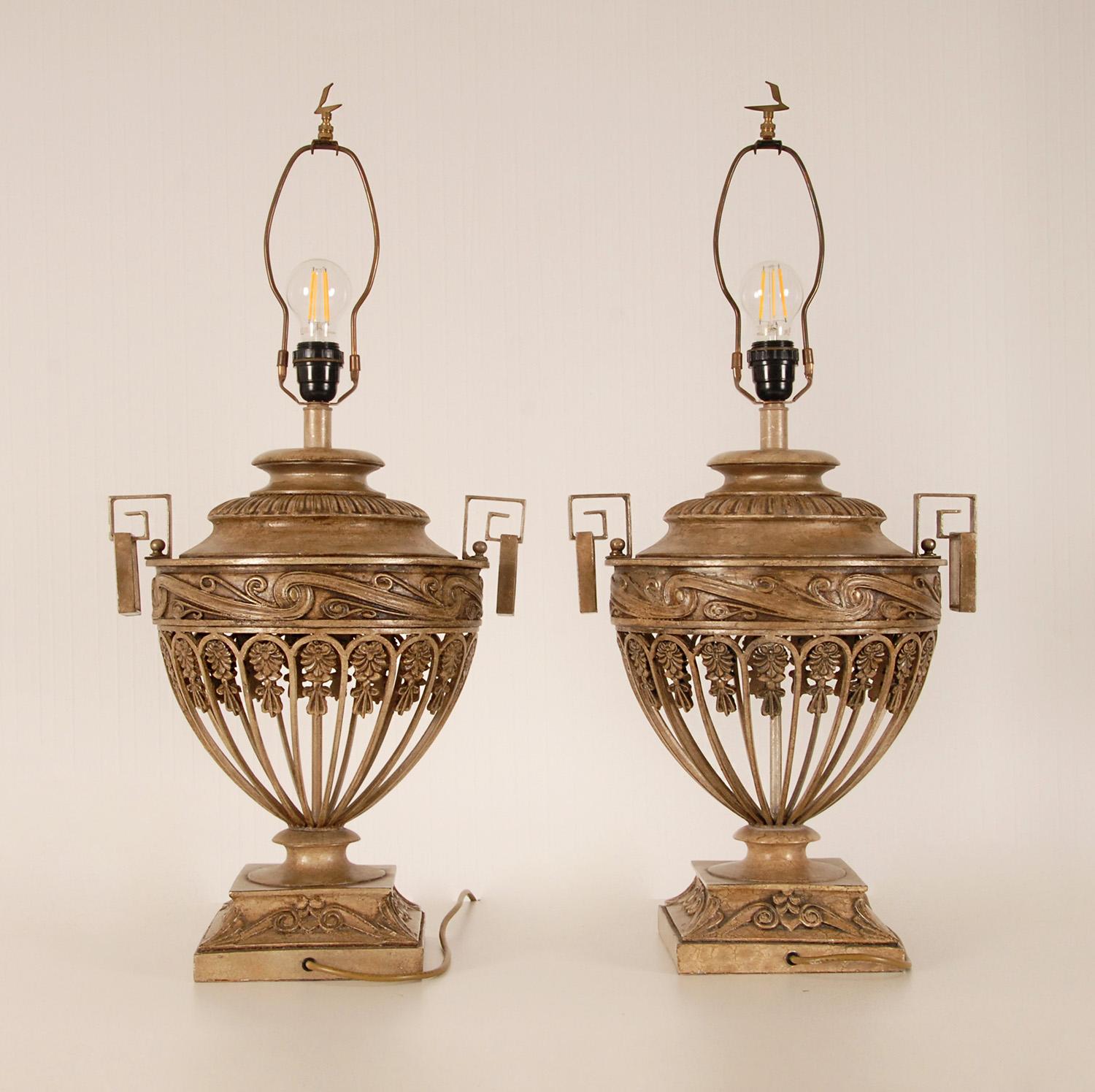Metal Vintage 1970s Taupe Iron Neoclassical Lamps Openwork Urns Vase Table Lamps