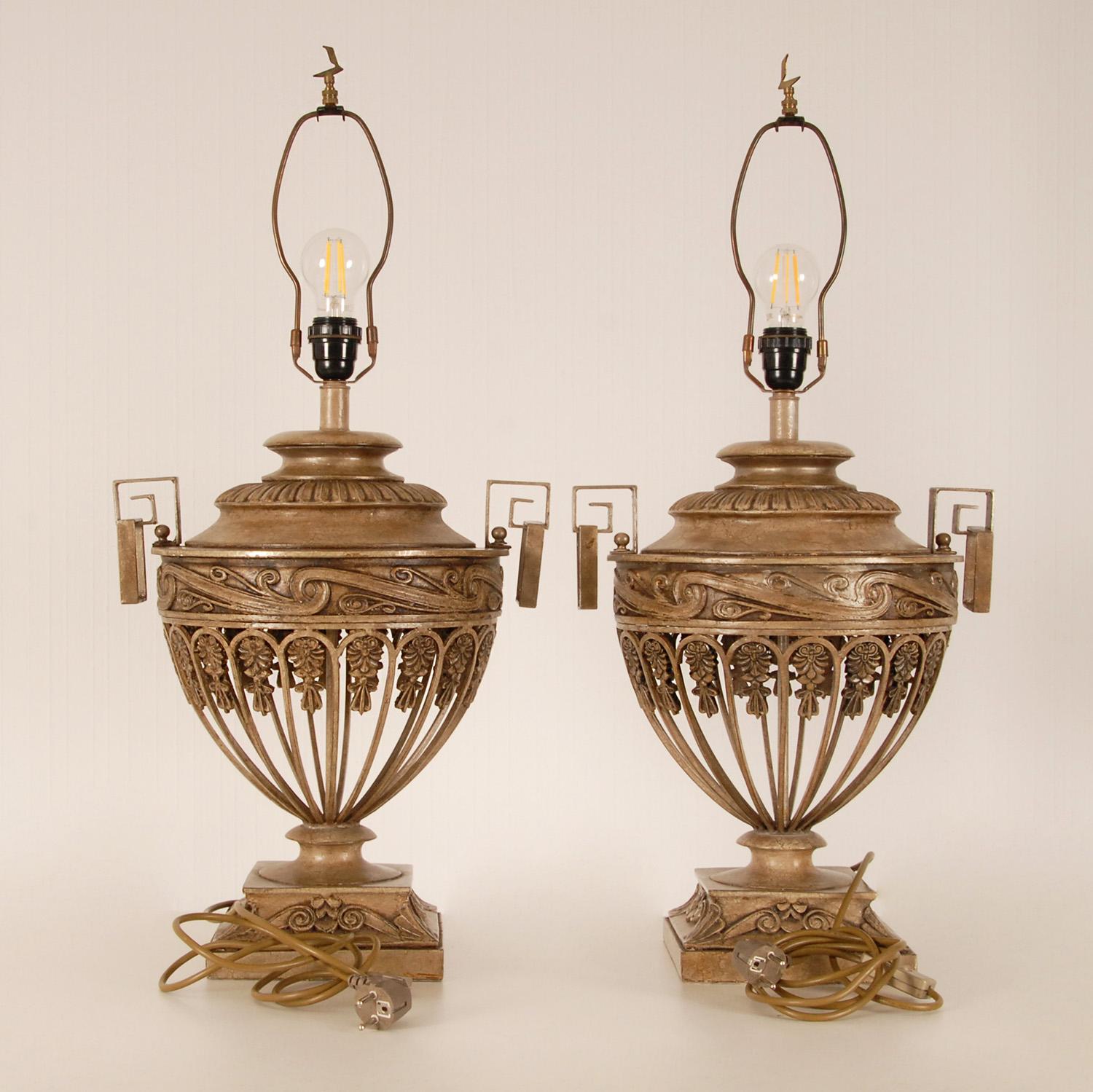Vintage 1970s Taupe Iron Neoclassical Lamps Openwork Urns Vase Table Lamps 1
