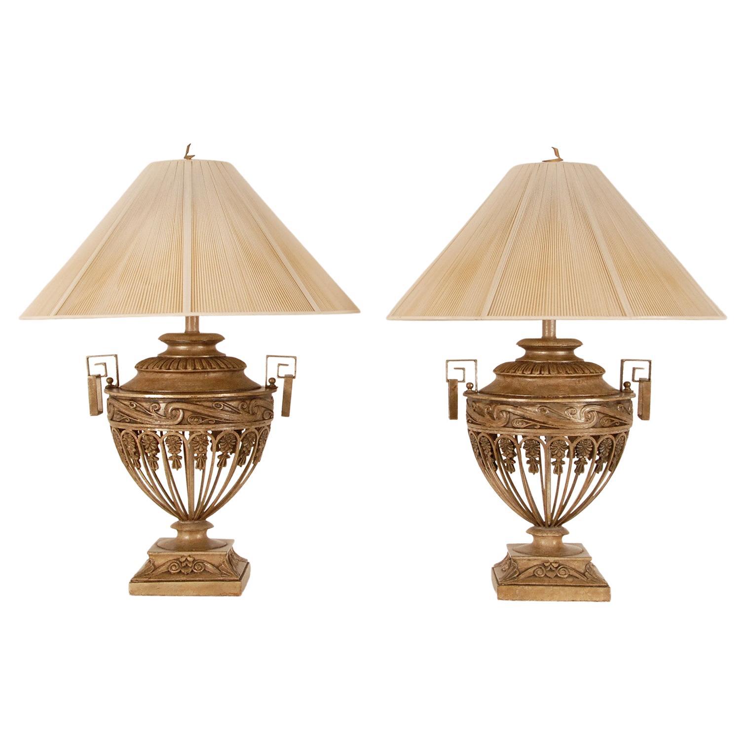 Vintage 1970s Taupe Iron Neoclassical Lamps Openwork Urns Vase Table Lamps