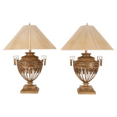 Vintage 1970s Taupe Iron Neoclassical Lamps Openwork Urns Vase Table Lamps