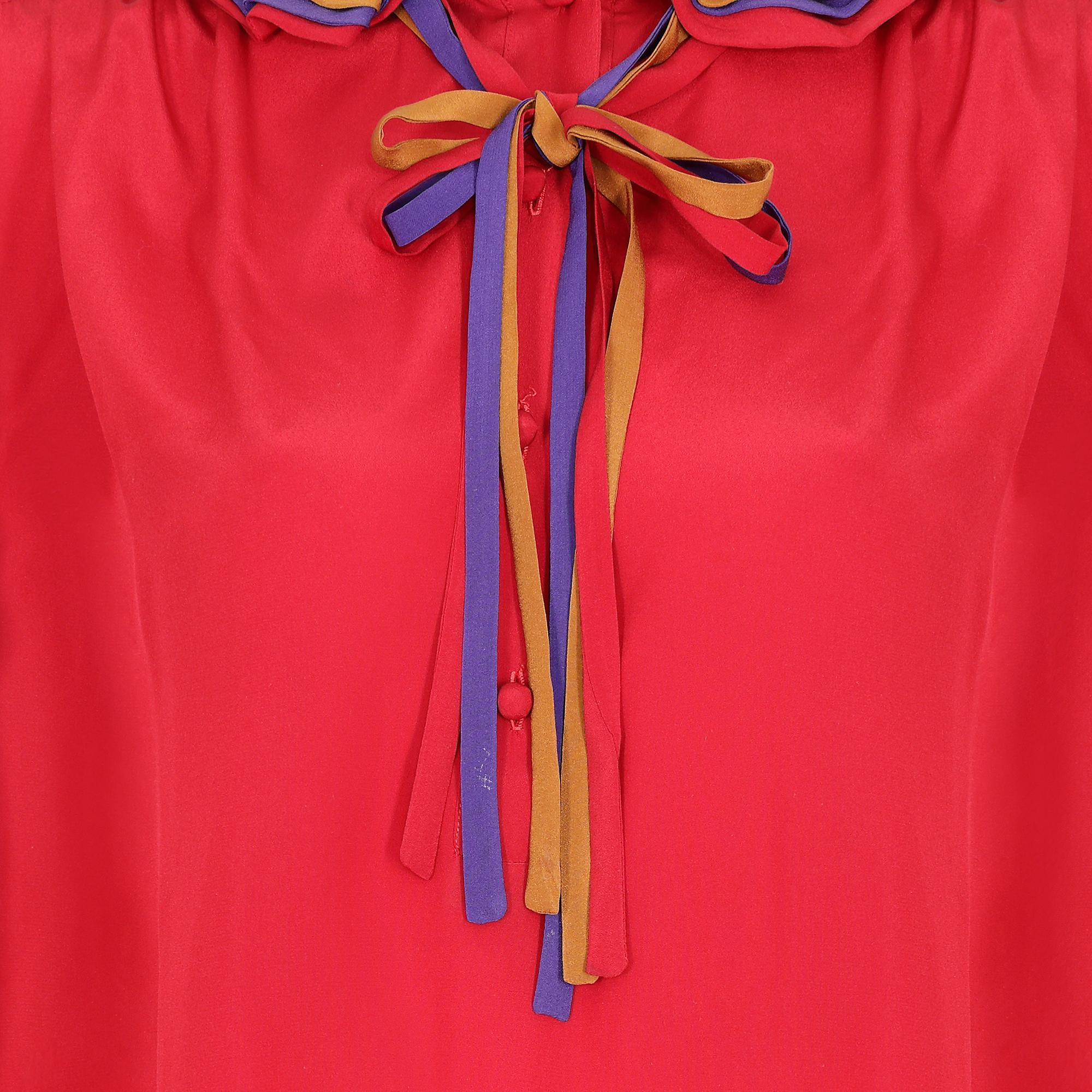 Vintage 1970s Ted Lapidus ruffle collar red silk blouse In Good Condition In London, GB