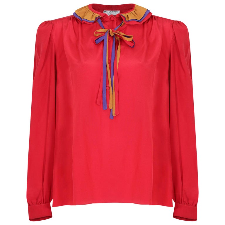 Vintage 1970s Ted Lapidus ruffle collar red silk blouse at 1stDibs