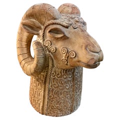 Vintage 1970s Terracotta Rams Head Sculpture with Patina