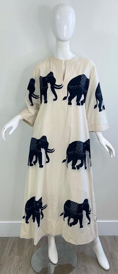 Vintage 1970s Thai Elephant Print Caftan Cotton Dress Boho Resort 70s Maxi Dress