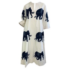 Vintage 1970s Thai Elephant Print Caftan Cotton Dress Boho Resort 70s Maxi Dress