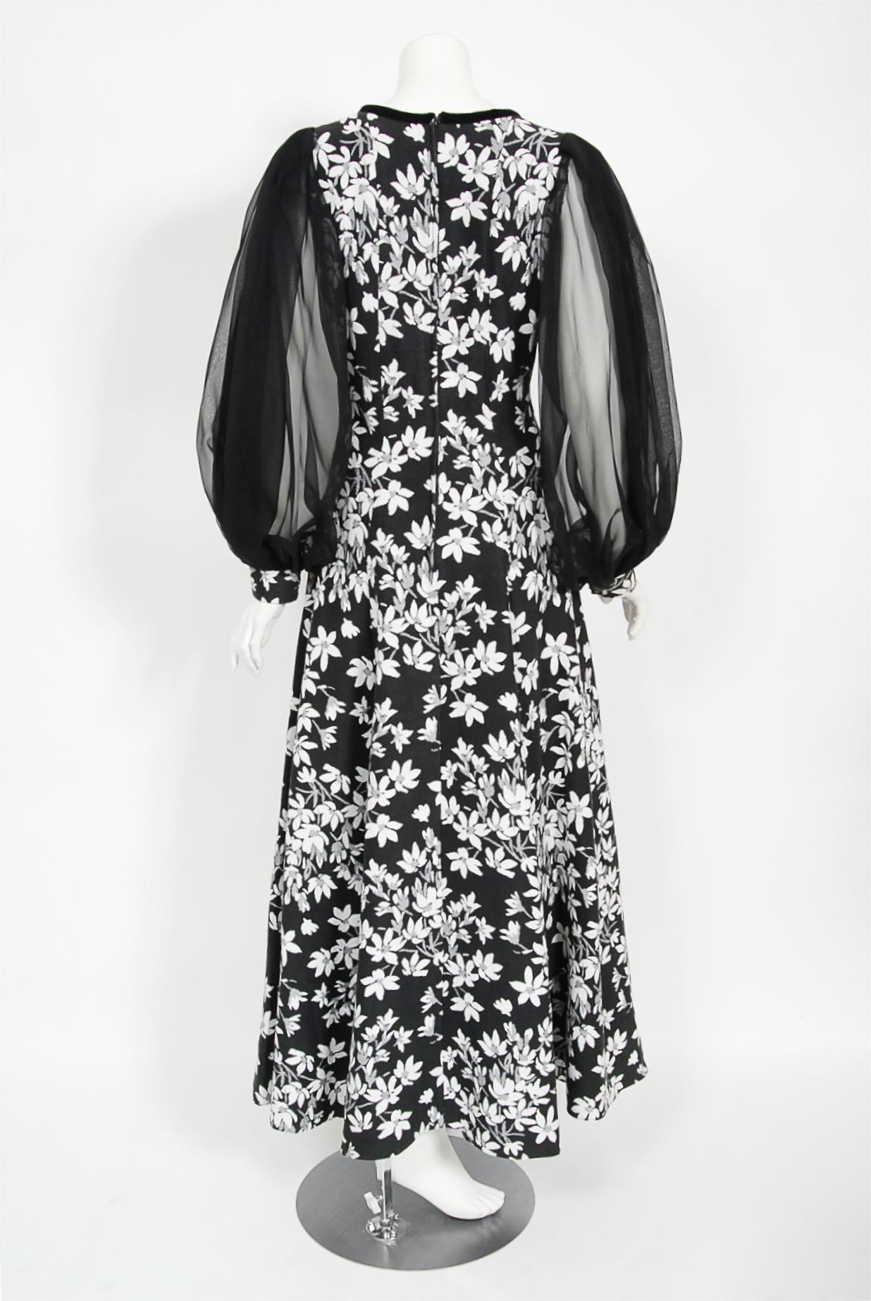 Vintage 1970's Thea Porter Black & White Floral Brocade Billow-Sleeve Maxi Dress 6