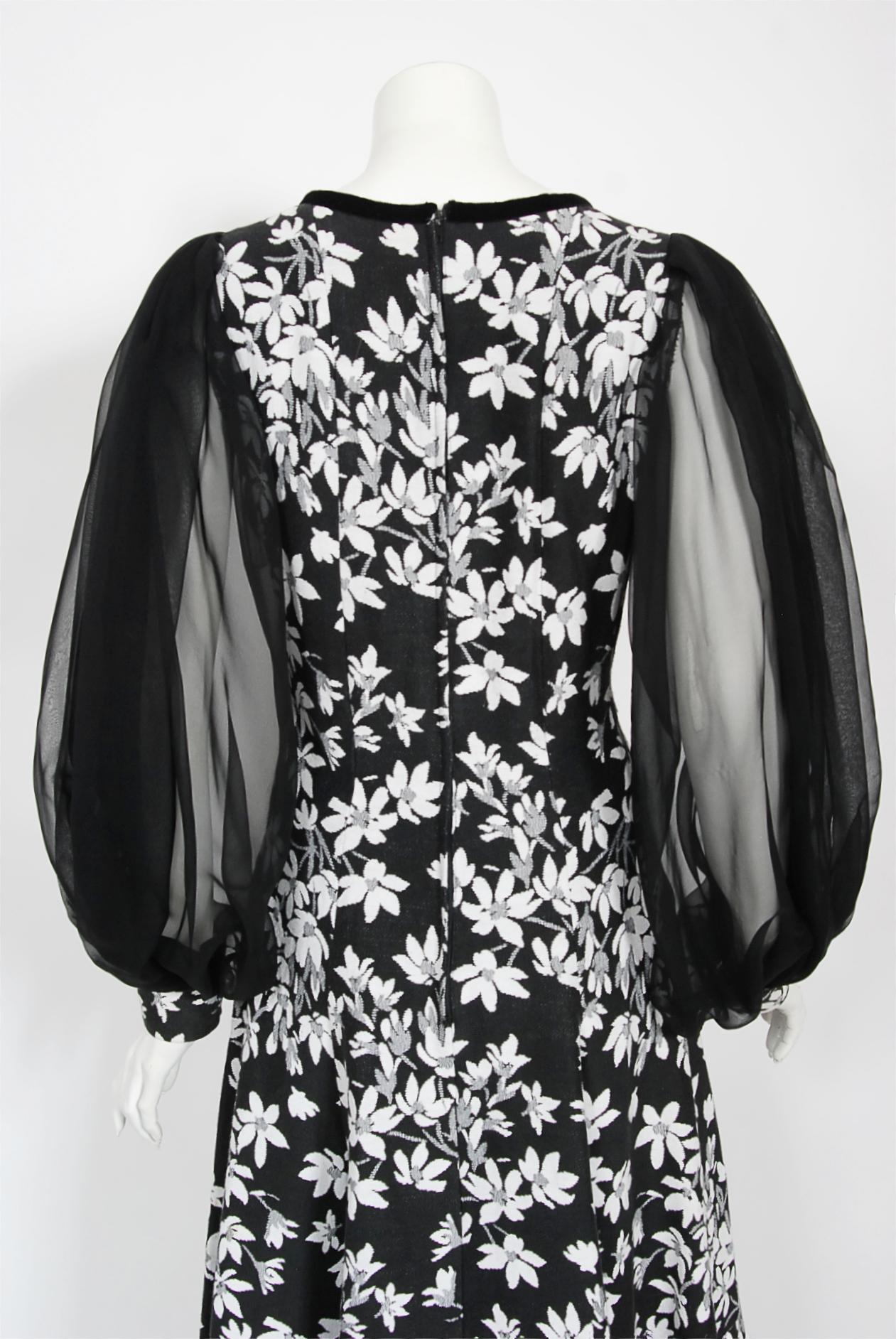 Vintage 1970's Thea Porter Black & White Floral Brocade Billow-Sleeve Maxi Dress 7
