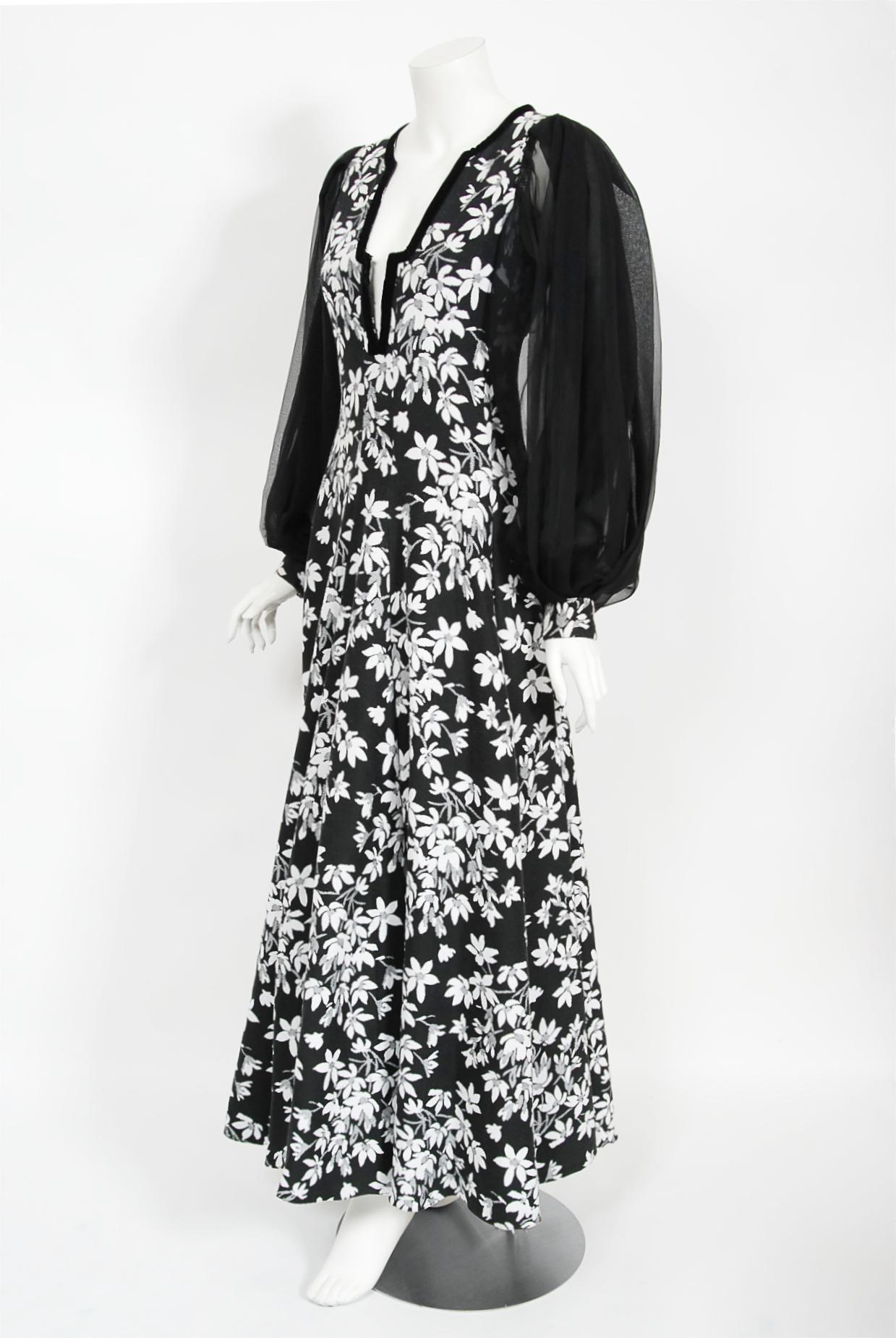 Women's Vintage 1970's Thea Porter Black & White Floral Brocade Billow-Sleeve Maxi Dress
