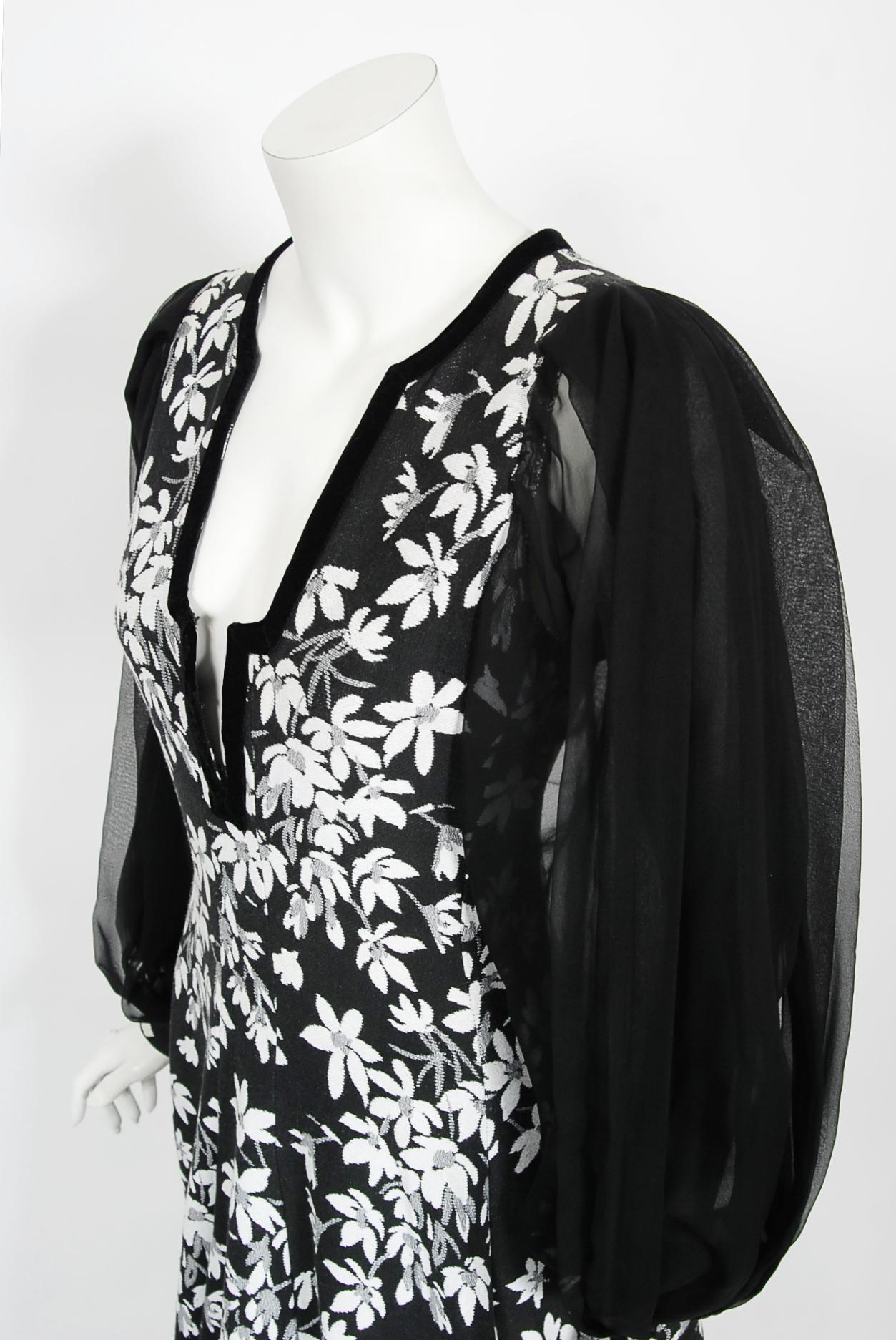 Vintage 1970's Thea Porter Black & White Floral Brocade Billow-Sleeve Maxi Dress 1
