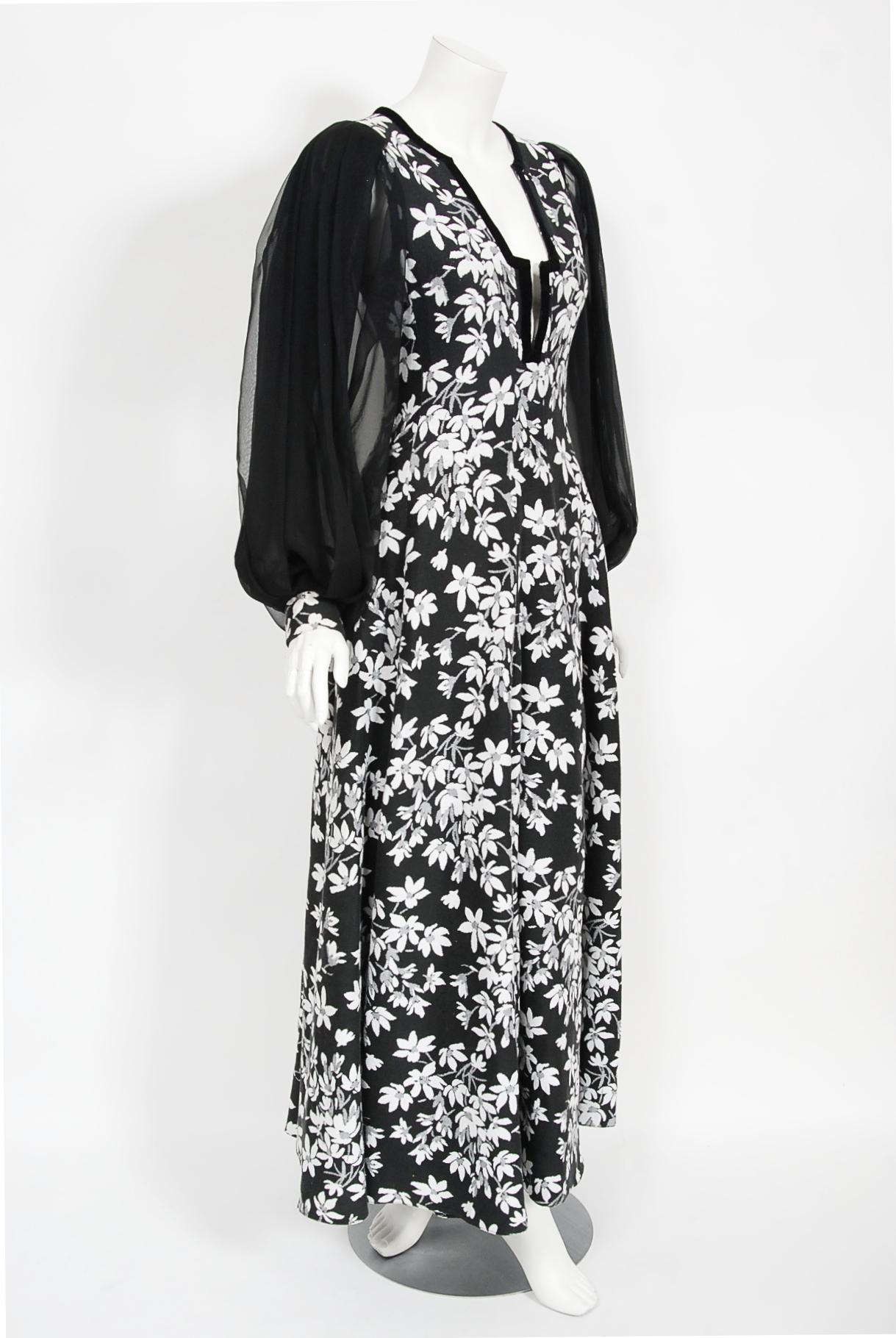 Vintage 1970's Thea Porter Black & White Floral Brocade Billow-Sleeve Maxi Dress 3
