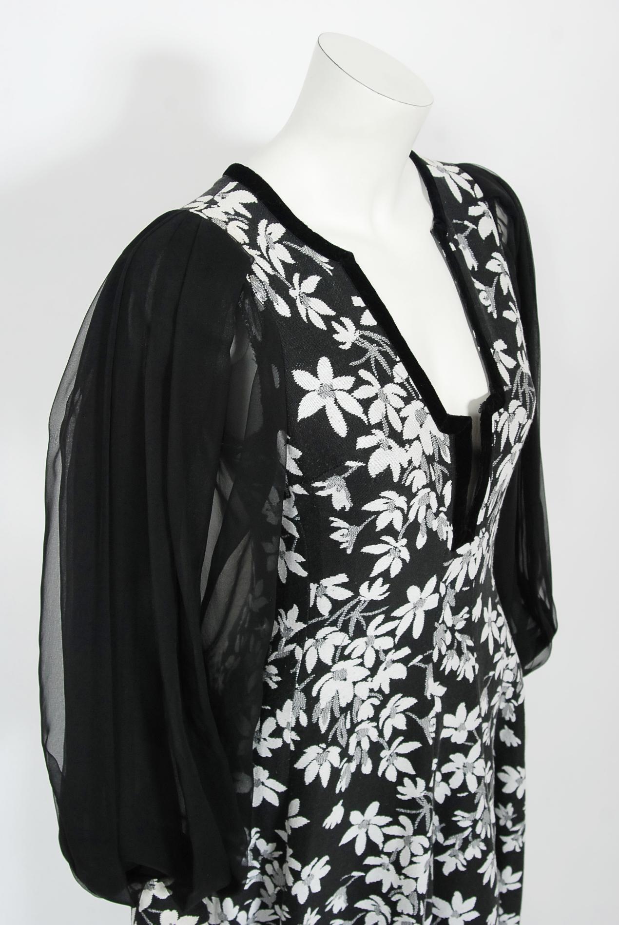 Vintage 1970's Thea Porter Black & White Floral Brocade Billow-Sleeve Maxi Dress 4