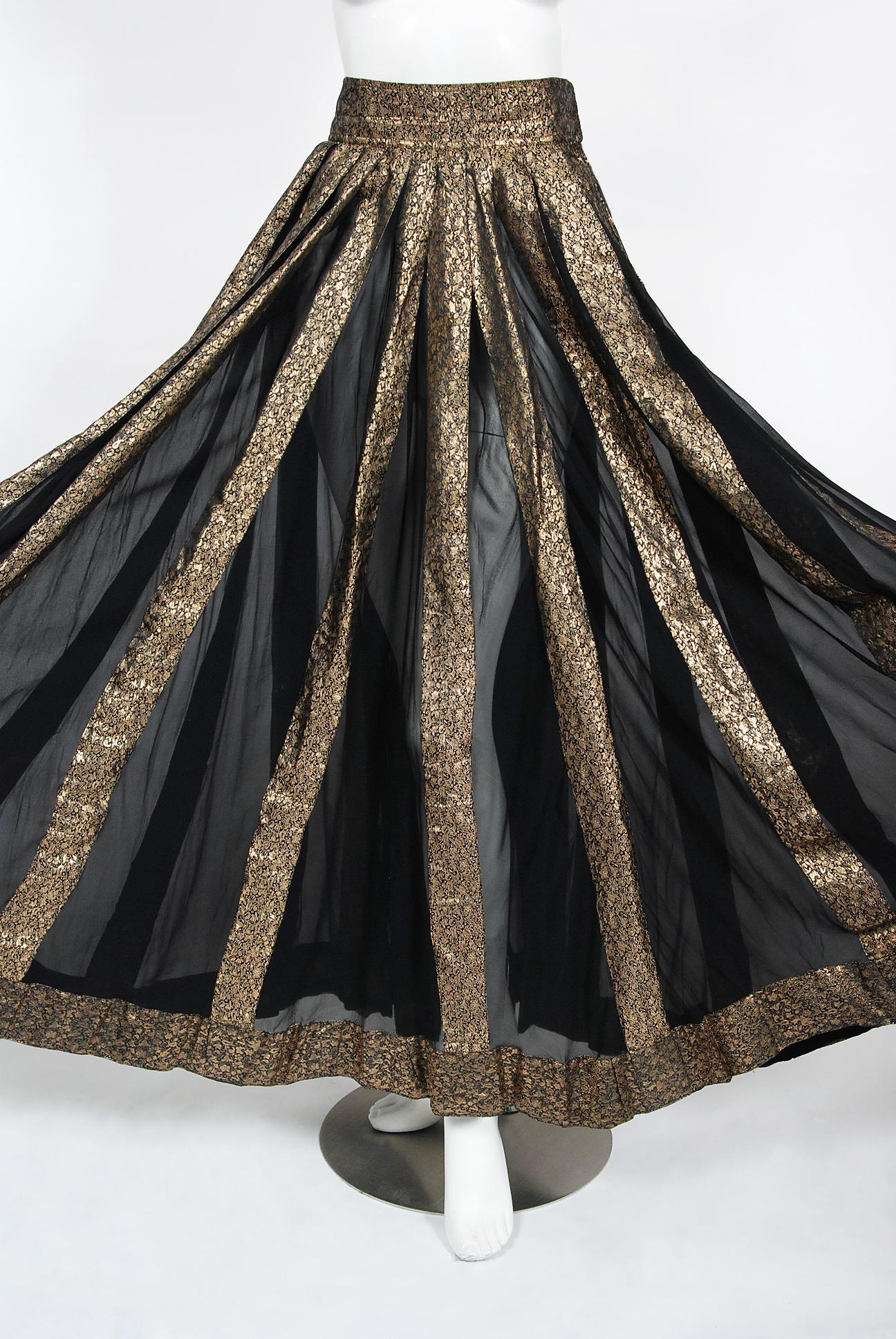 Vintage 1970's Thea Porter Couture Gold Lamé and Black Sheer Silk Bohemian Skirt In Good Condition In Beverly Hills, CA
