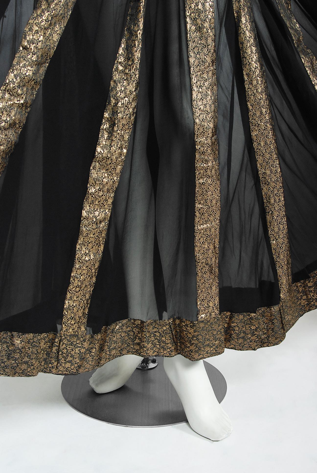 Women's Vintage 1970's Thea Porter Couture Gold Lamé and Black Sheer Silk Bohemian Skirt