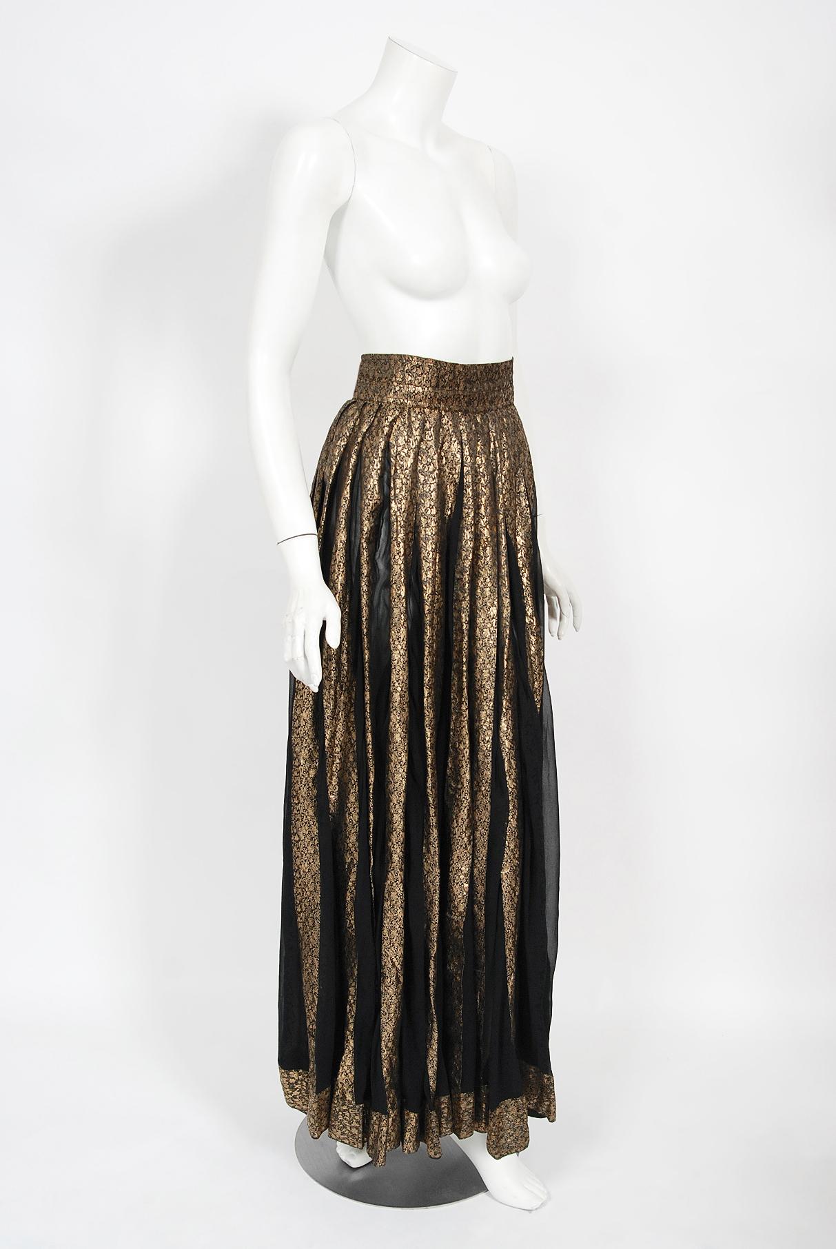 Vintage 1970's Thea Porter Couture Gold Lamé and Black Sheer Silk Bohemian Skirt 1