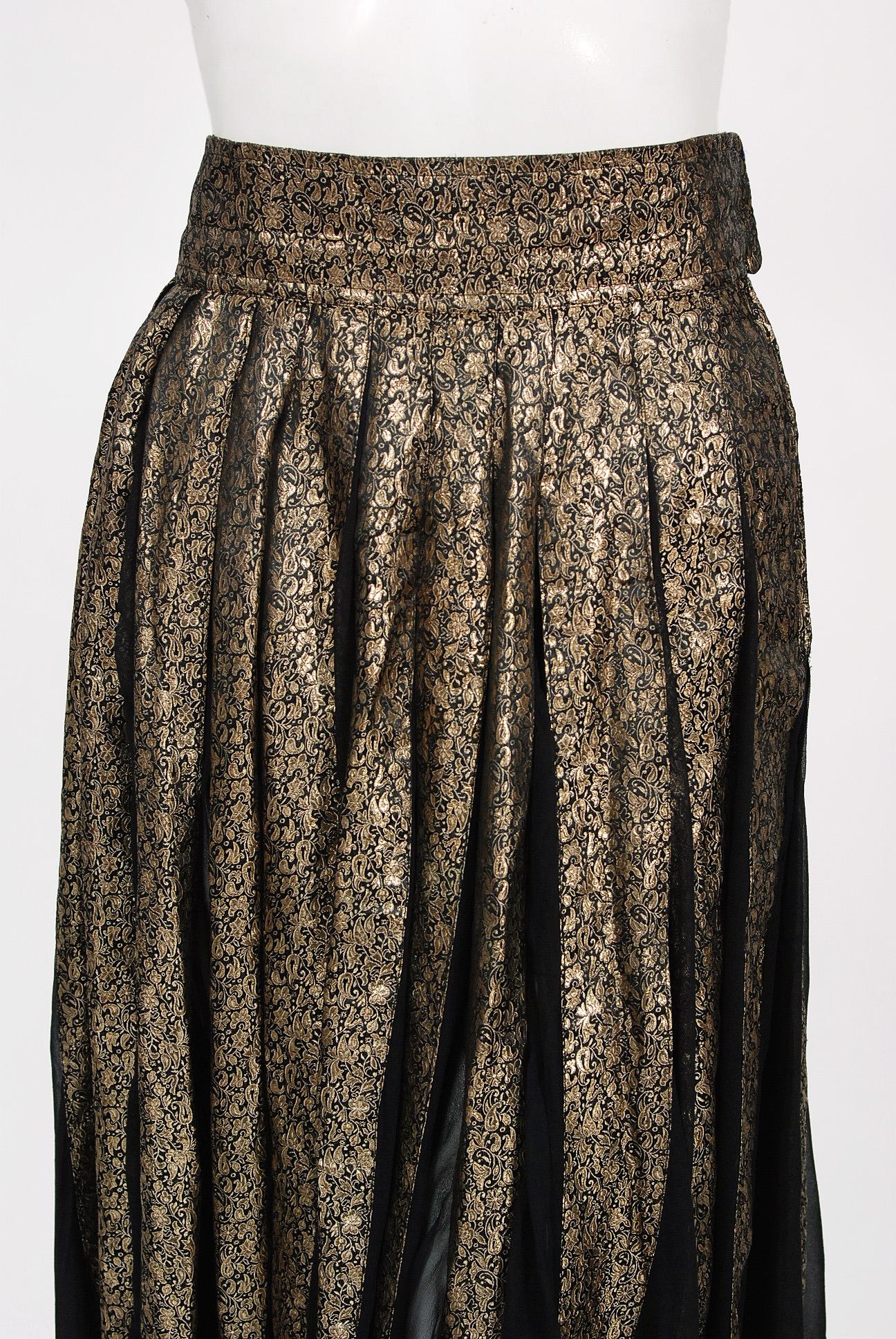 Vintage 1970's Thea Porter Couture Gold Lamé and Black Sheer Silk Bohemian Skirt 2