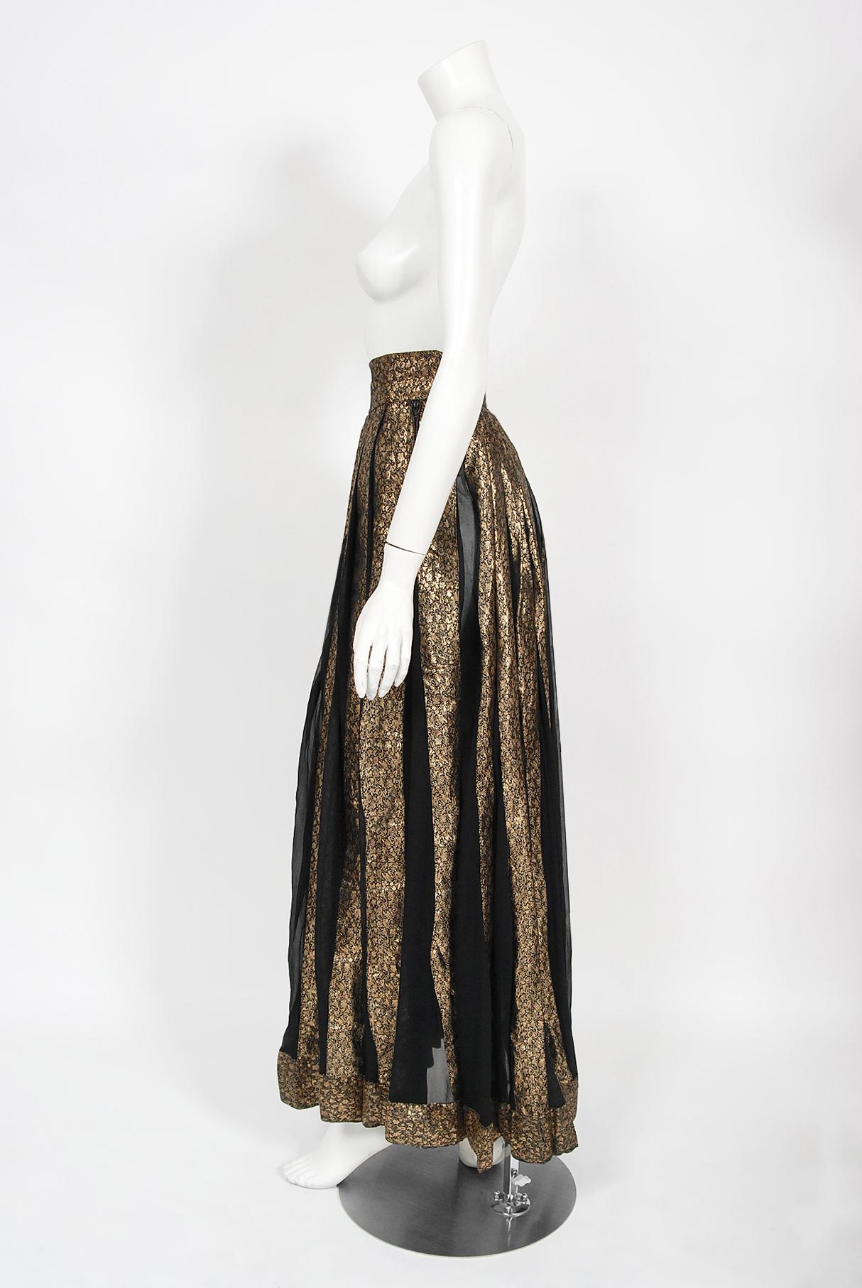 Vintage 1970's Thea Porter Couture Gold Lamé and Black Sheer Silk Bohemian Skirt 4