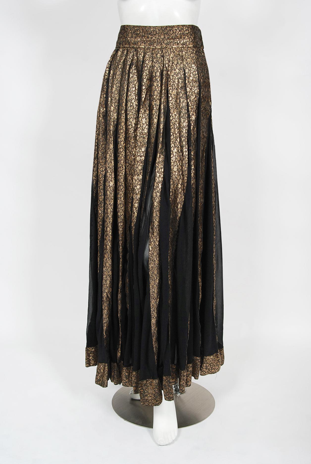 Vintage 1970's Thea Porter Couture Gold Lamé and Black Sheer Silk Bohemian Skirt 5