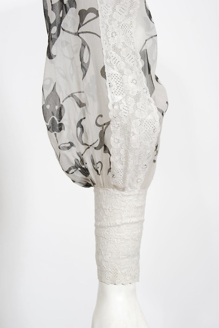 Vintage 1970's Thea Porter Couture Art Nouveau Print Silk & White Lace Dress For Sale 5