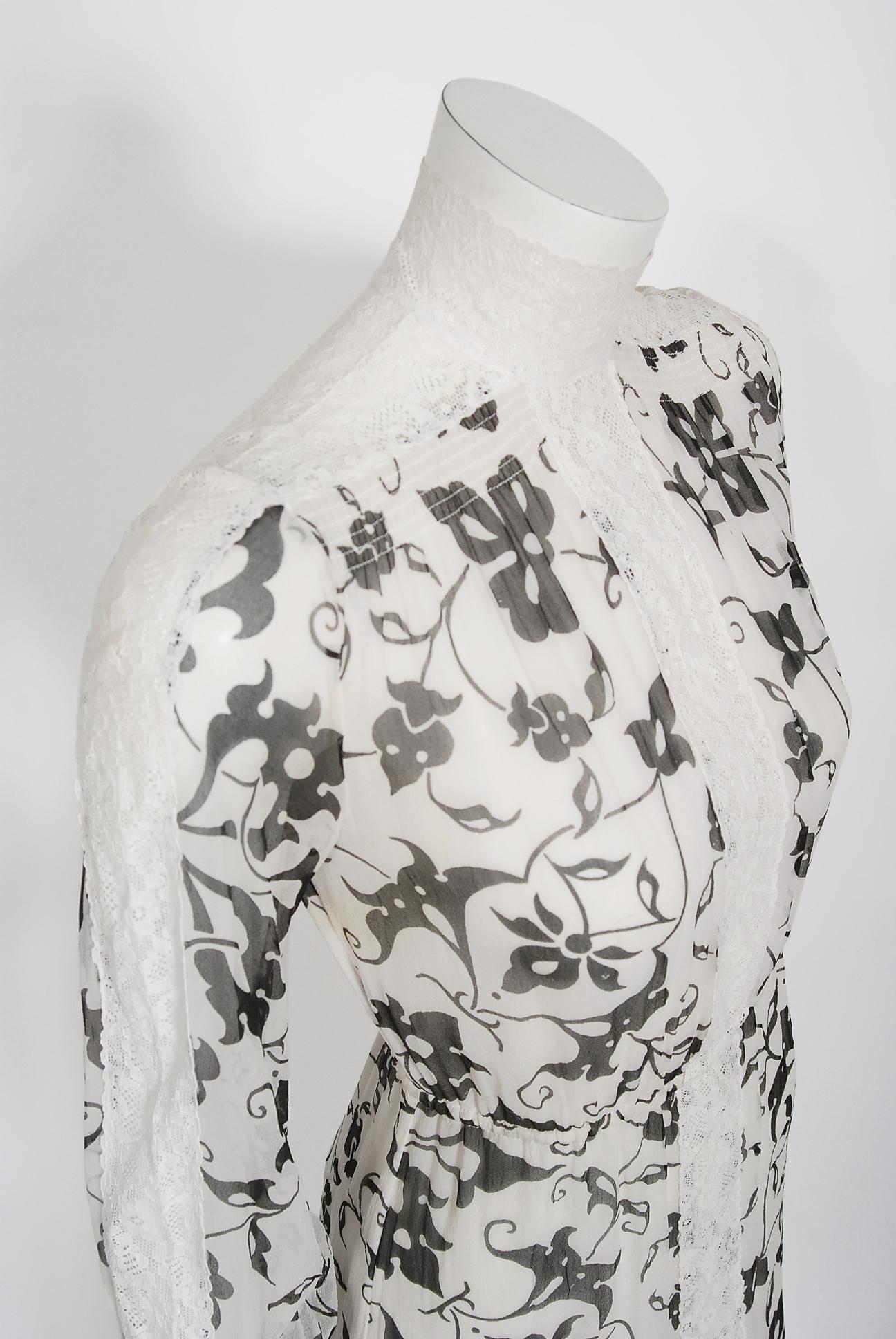 Beige Vintage 1970's Thea Porter Couture Art Nouveau Print Silk & White Lace Dress