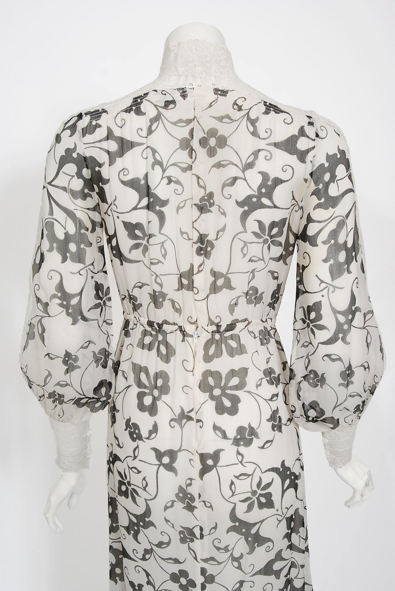 Vintage 1970's Thea Porter Couture Art Nouveau Print Silk & White Lace Dress 7