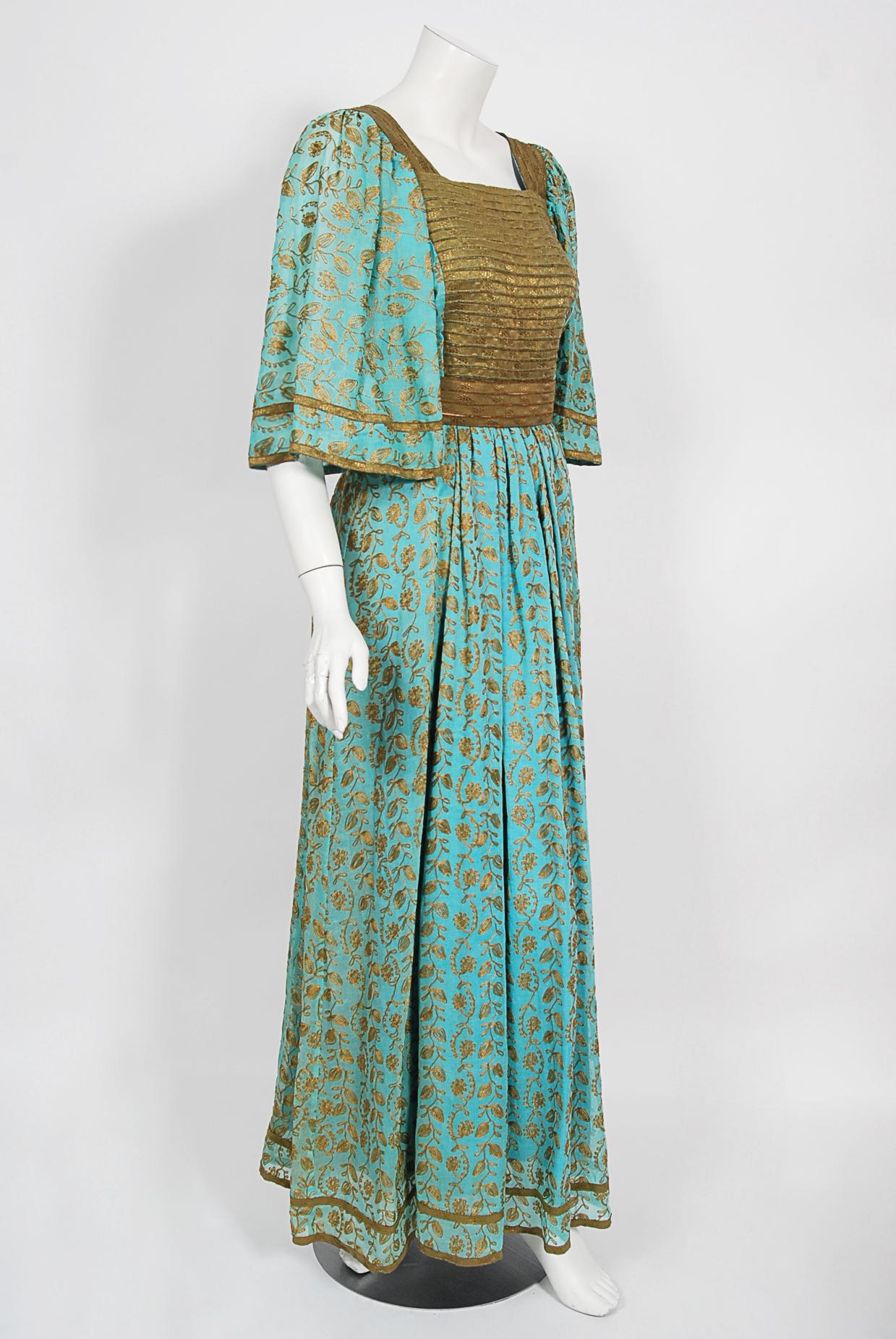 Vintage 1970's Thea Porter Couture Metallic Embroidered Blue Cotton & Lamé Gown In Good Condition In Beverly Hills, CA