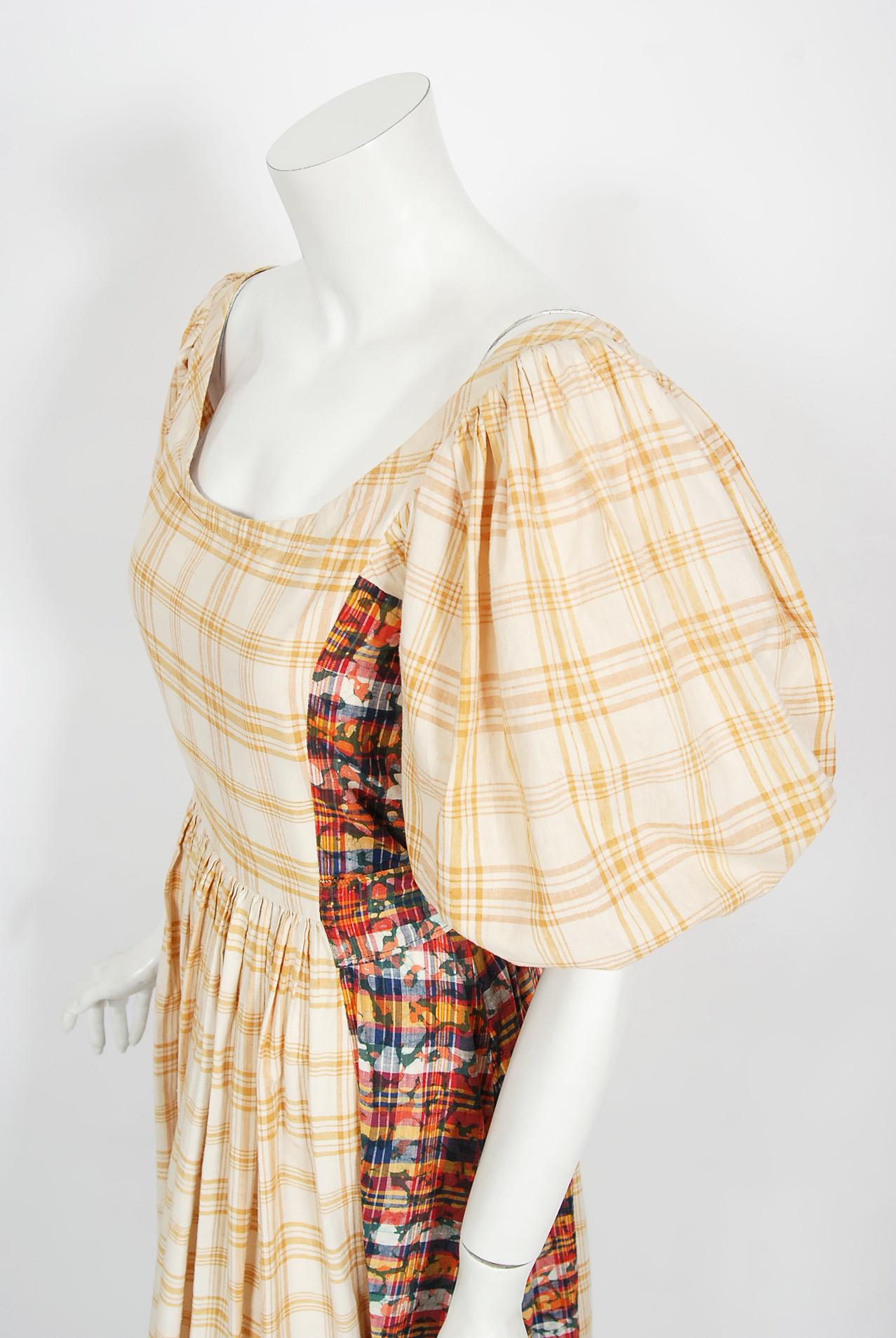 Beige Vintage 1970's Thea Porter Couture Plaid Cotton Tie Dyed Puff-Sleeve Maxi Dress