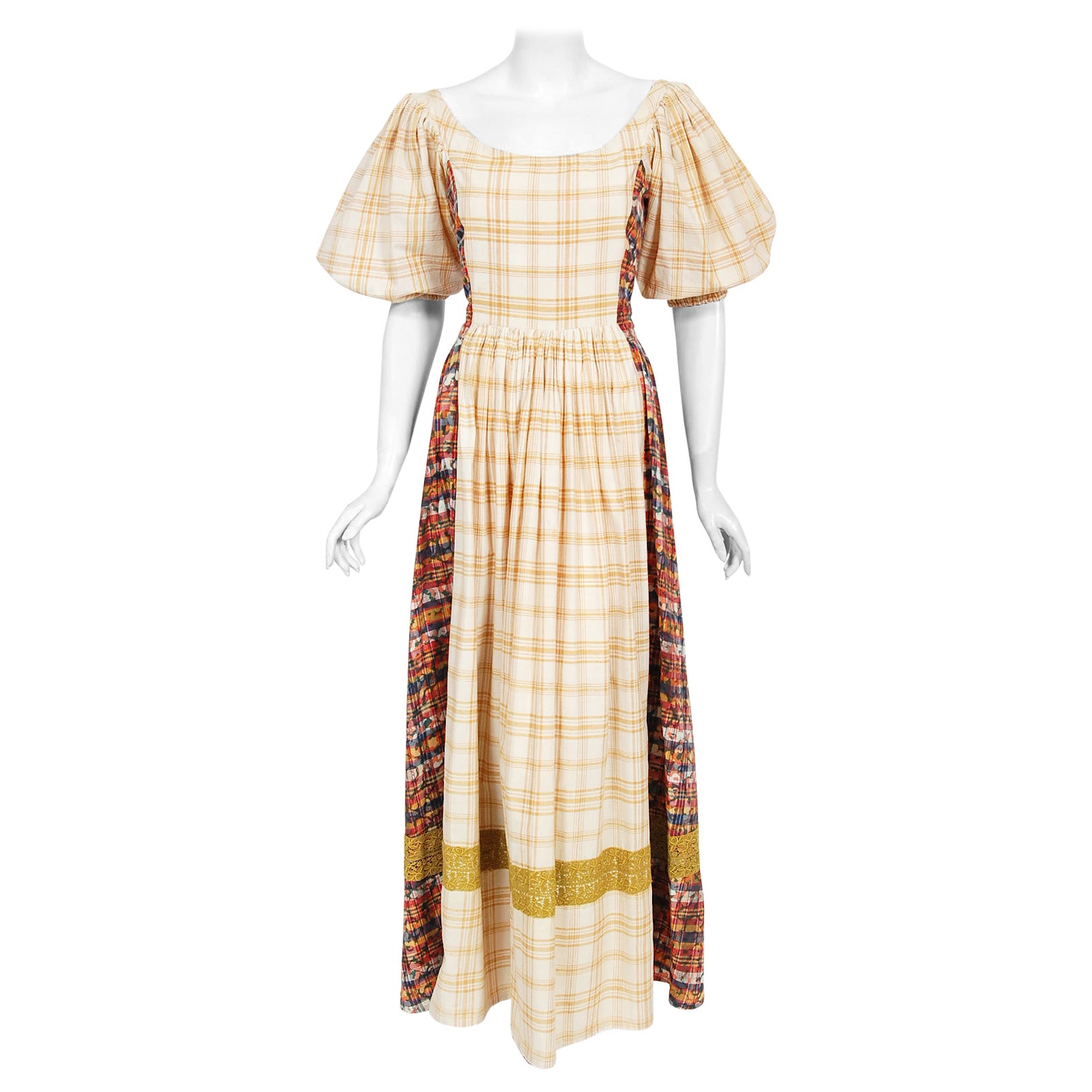 Vintage 1970
s Thea Porter Couture Plaid Cotton Tie Dyed Puff-Sleeve Maxi Dress