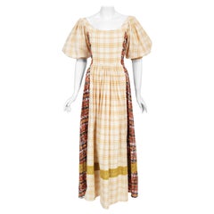 Vintage 1970's Thea Porter Couture Plaid Cotton Tie Dyed Puff-Sleeve Maxi Dress
