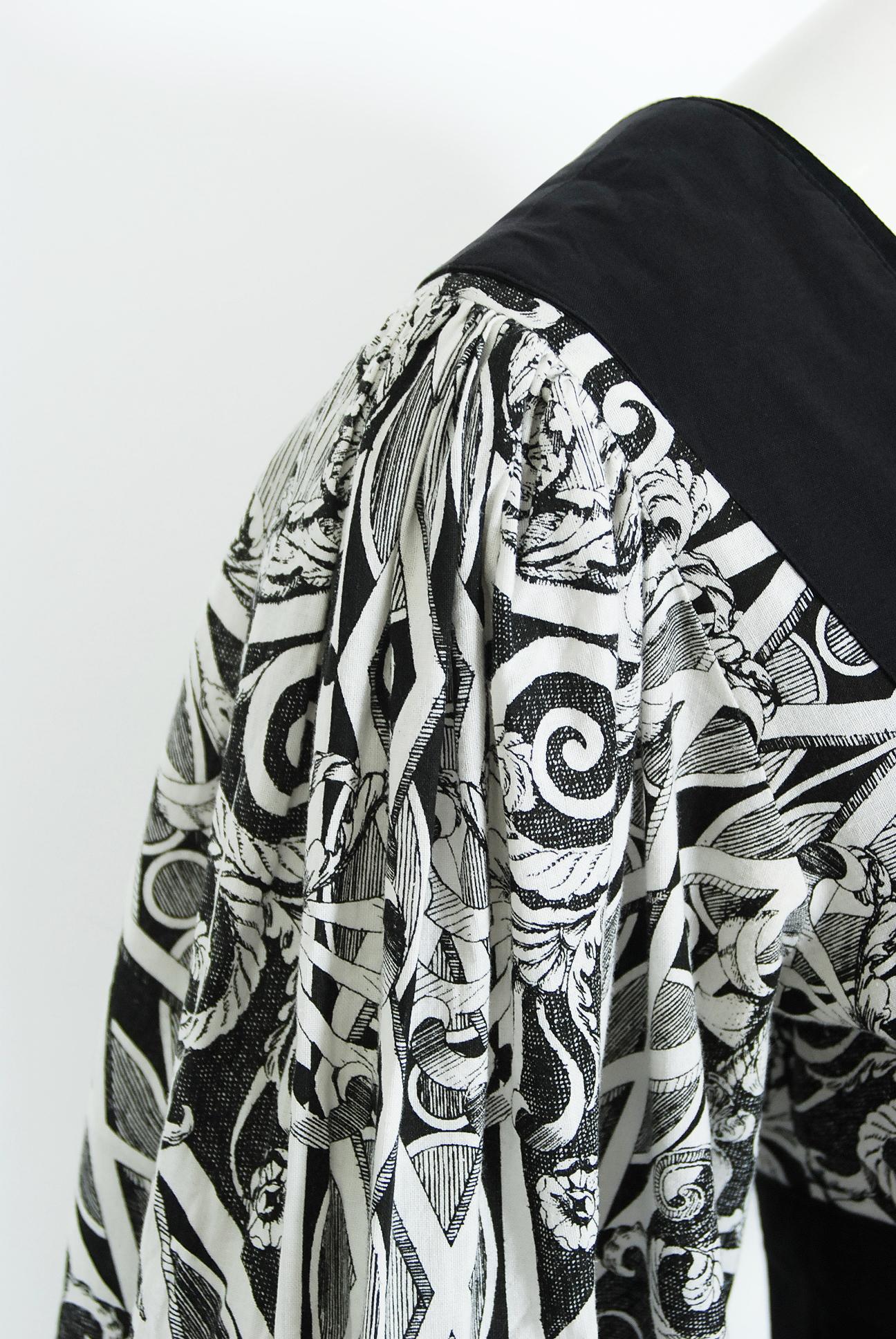Gray Vintage 1970's Thea Porter Kaleidoscope Floral Print Cotton Bell-Sleeve Dress
