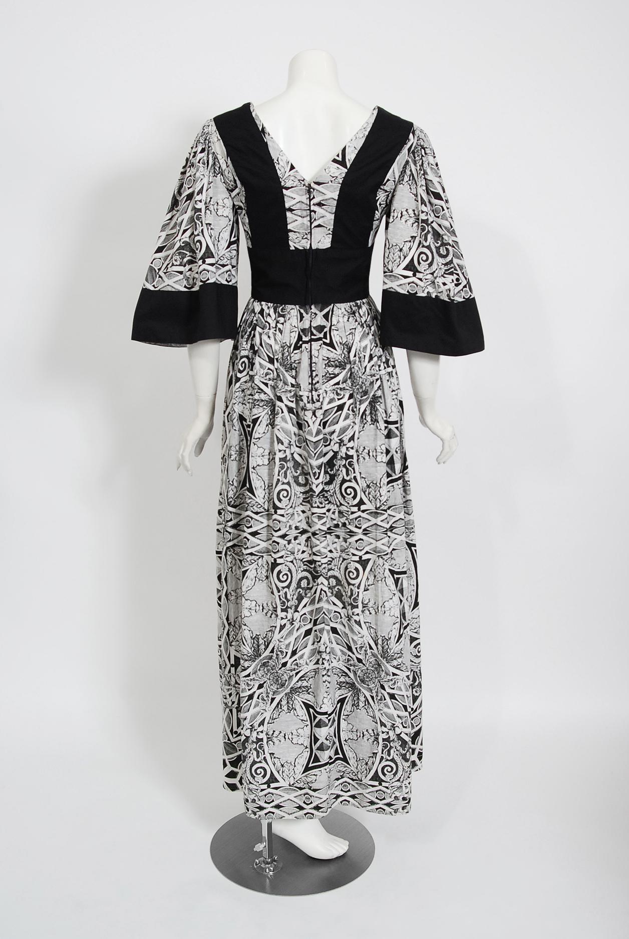 Vintage 1970's Thea Porter Kaleidoscope Floral Print Cotton Bell-Sleeve Dress 2