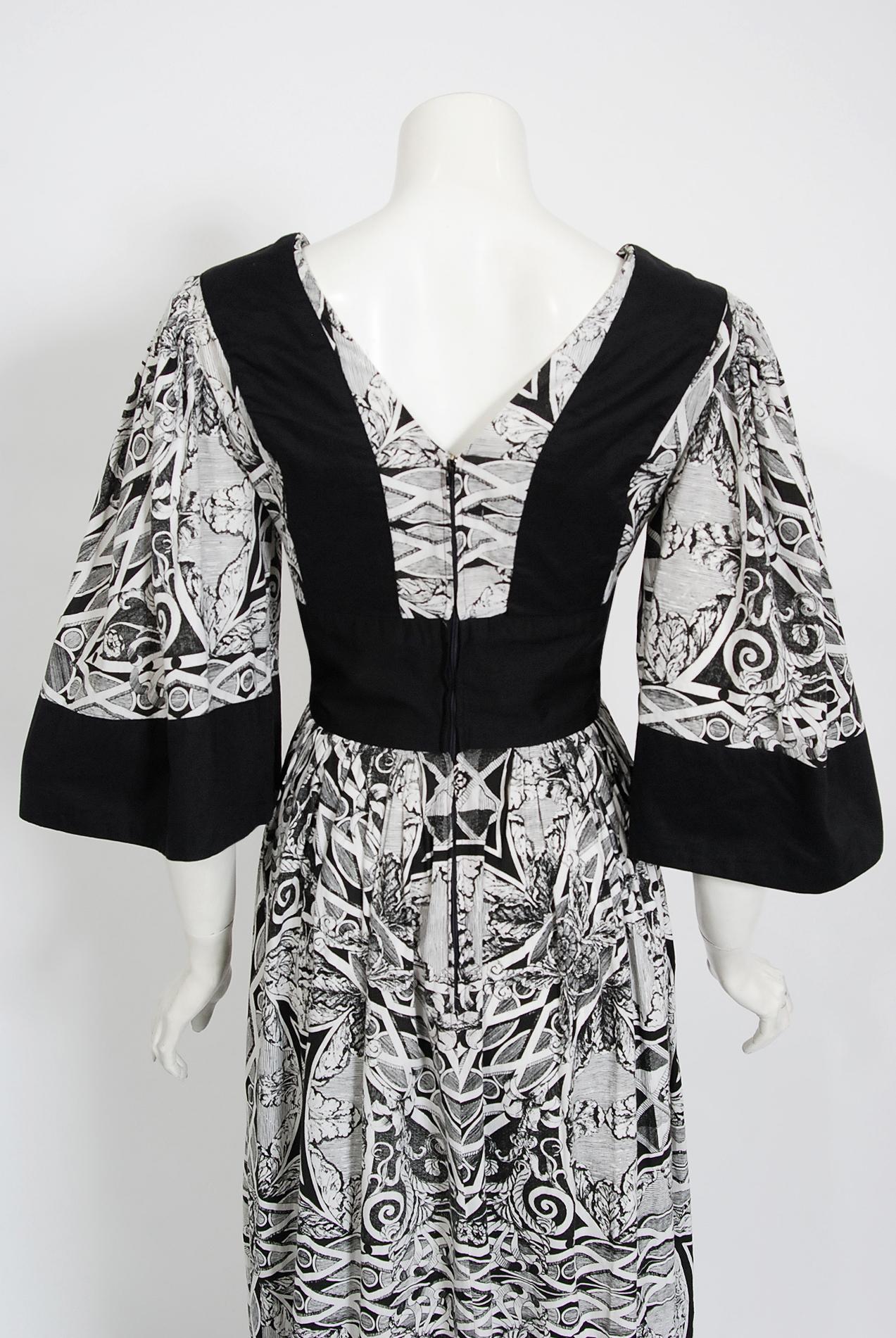 Vintage 1970's Thea Porter Kaleidoscope Floral Print Cotton Bell-Sleeve Dress 3