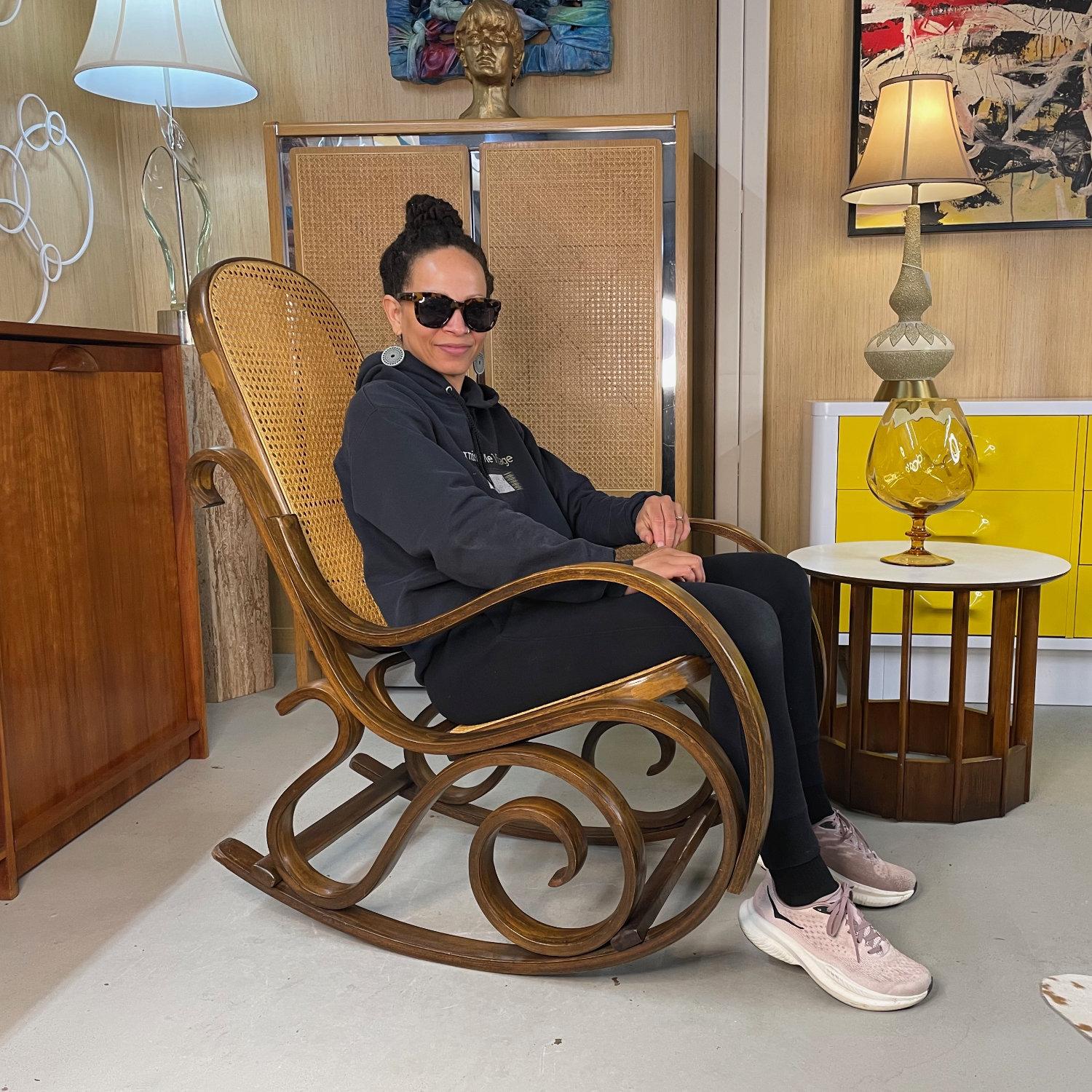 Mid-Century Modern Thonet Style Curved Bentwood Rocking Chair With Caning For Sale