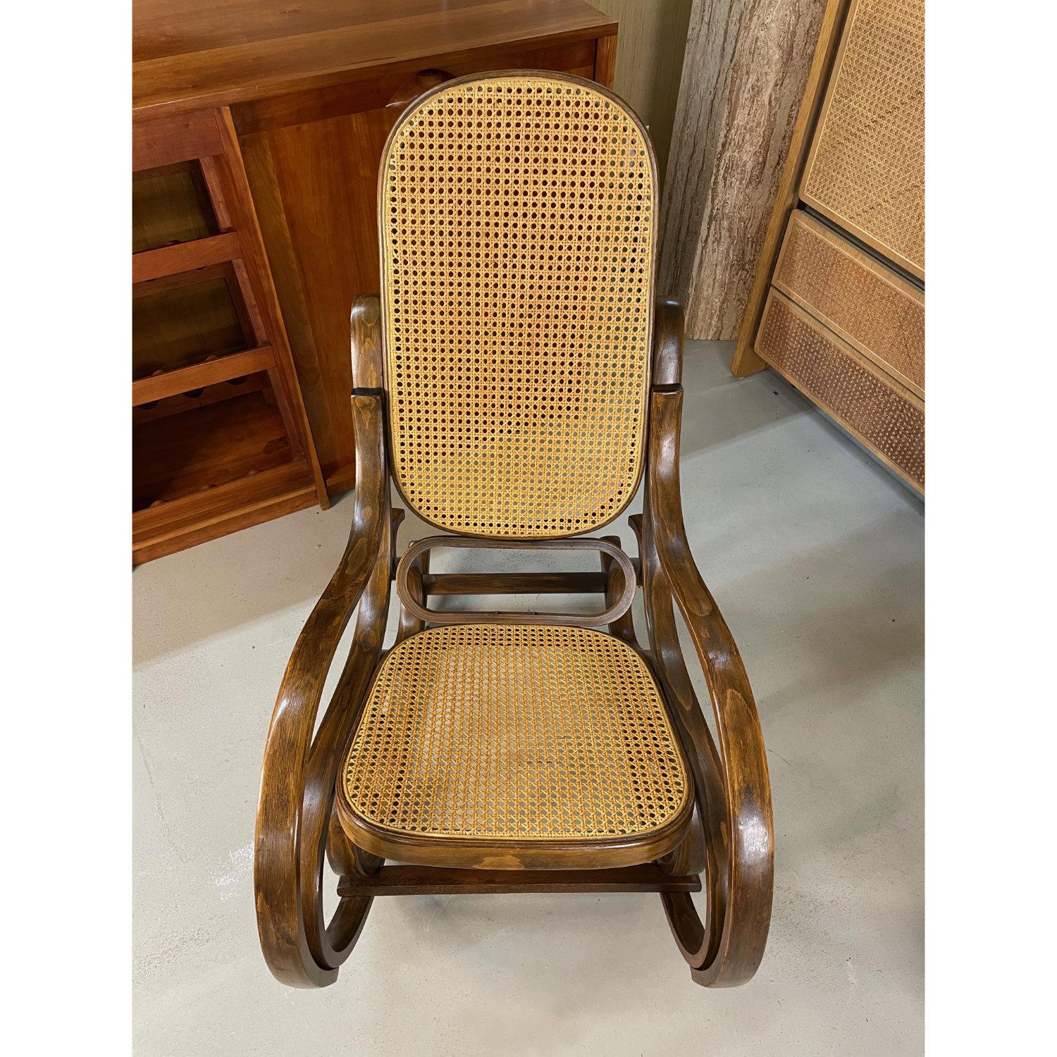 Late 20th Century Thonet Style Curved Bentwood Rocking Chair With Caning For Sale