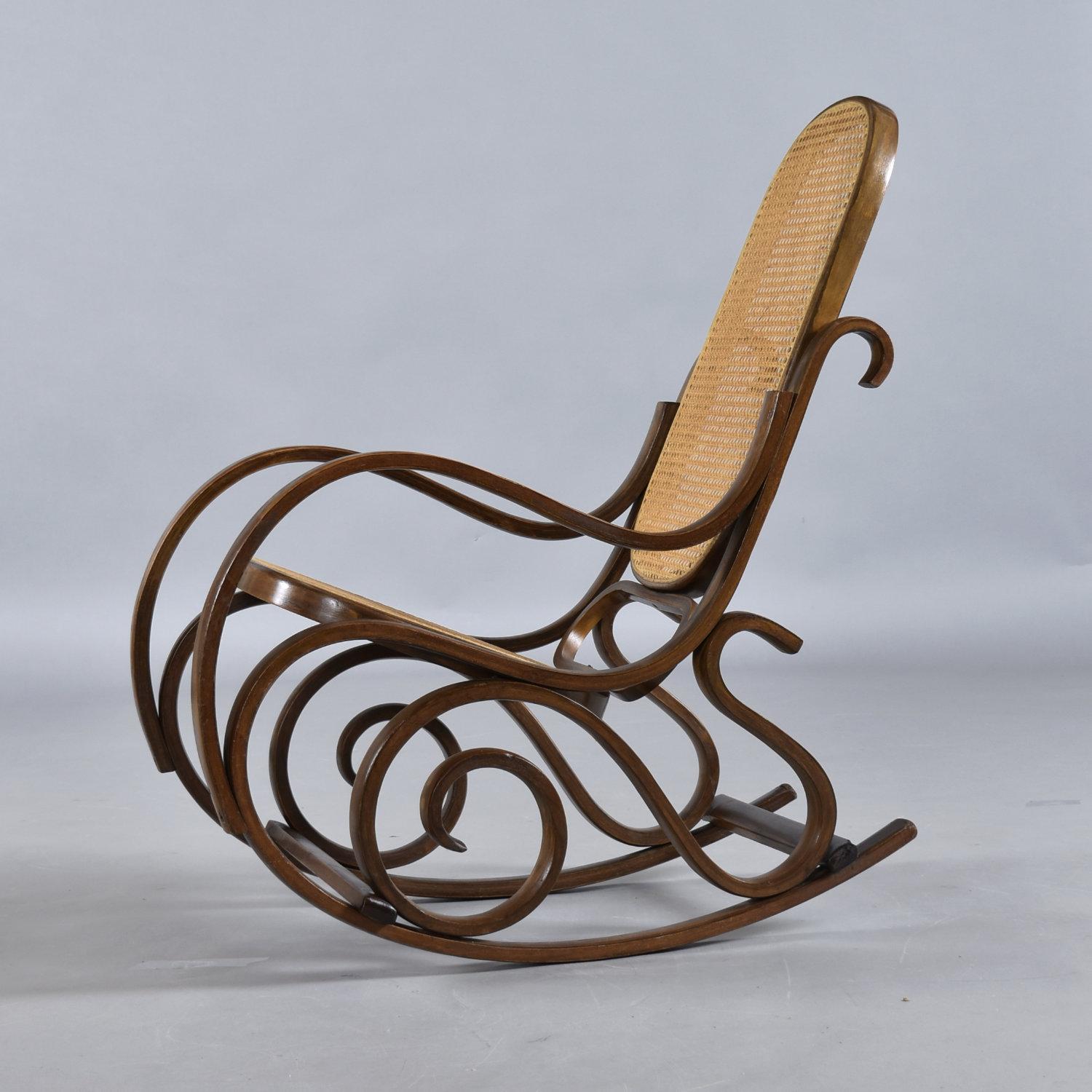 Cane Thonet Style Curved Bentwood Rocking Chair With Caning For Sale