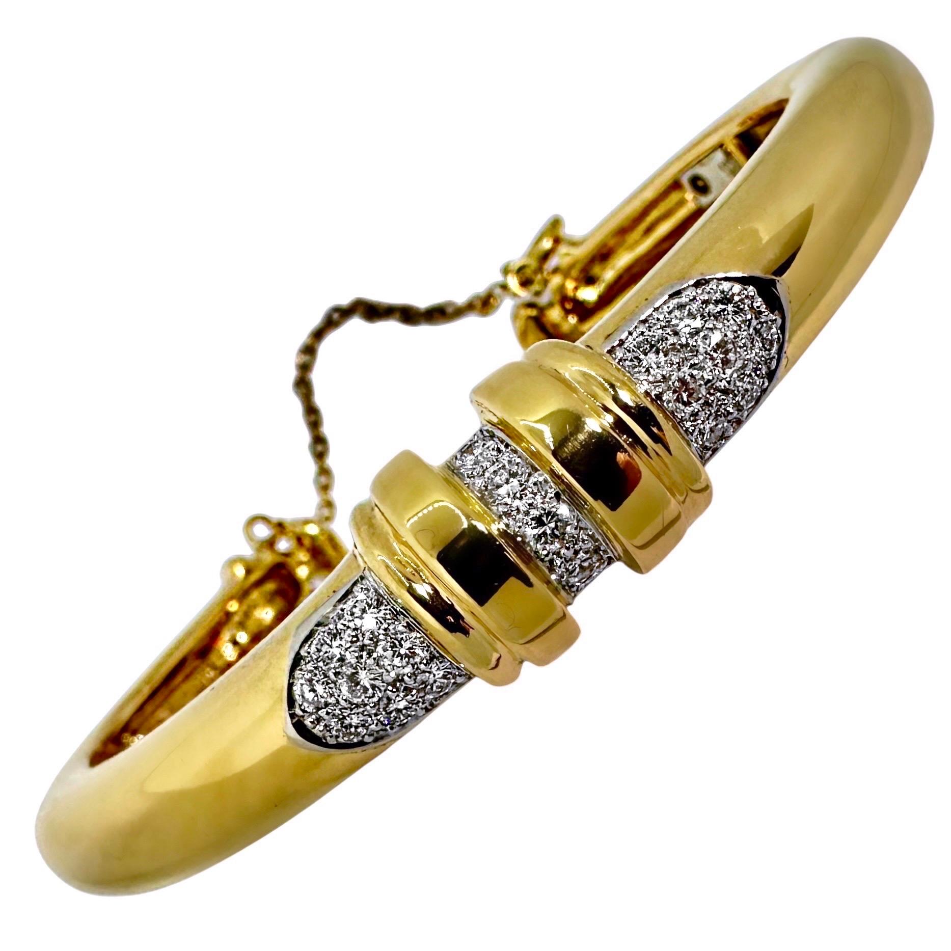 Vintage 1970's Tiffany 18K Yellow Gold Platinum & Diamond Hinged Bangle Bracelet For Sale