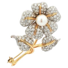 Vintage 1970s Tiffany & Co. 18K Pearl + Diamond Flower Brooch
