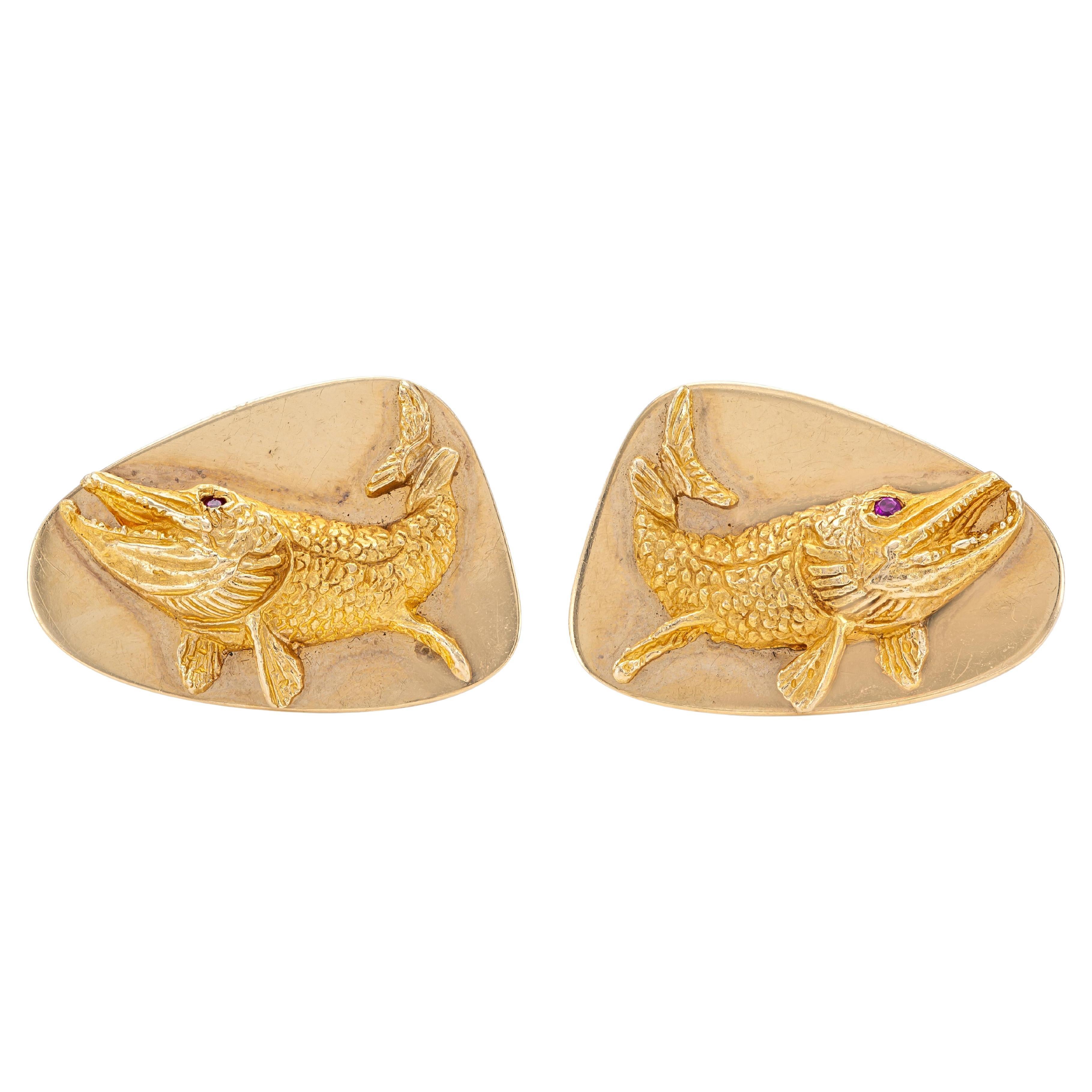 Vintage 1970 Tiffany & Co. Boutons de manchette en forme de poisson avec rubis