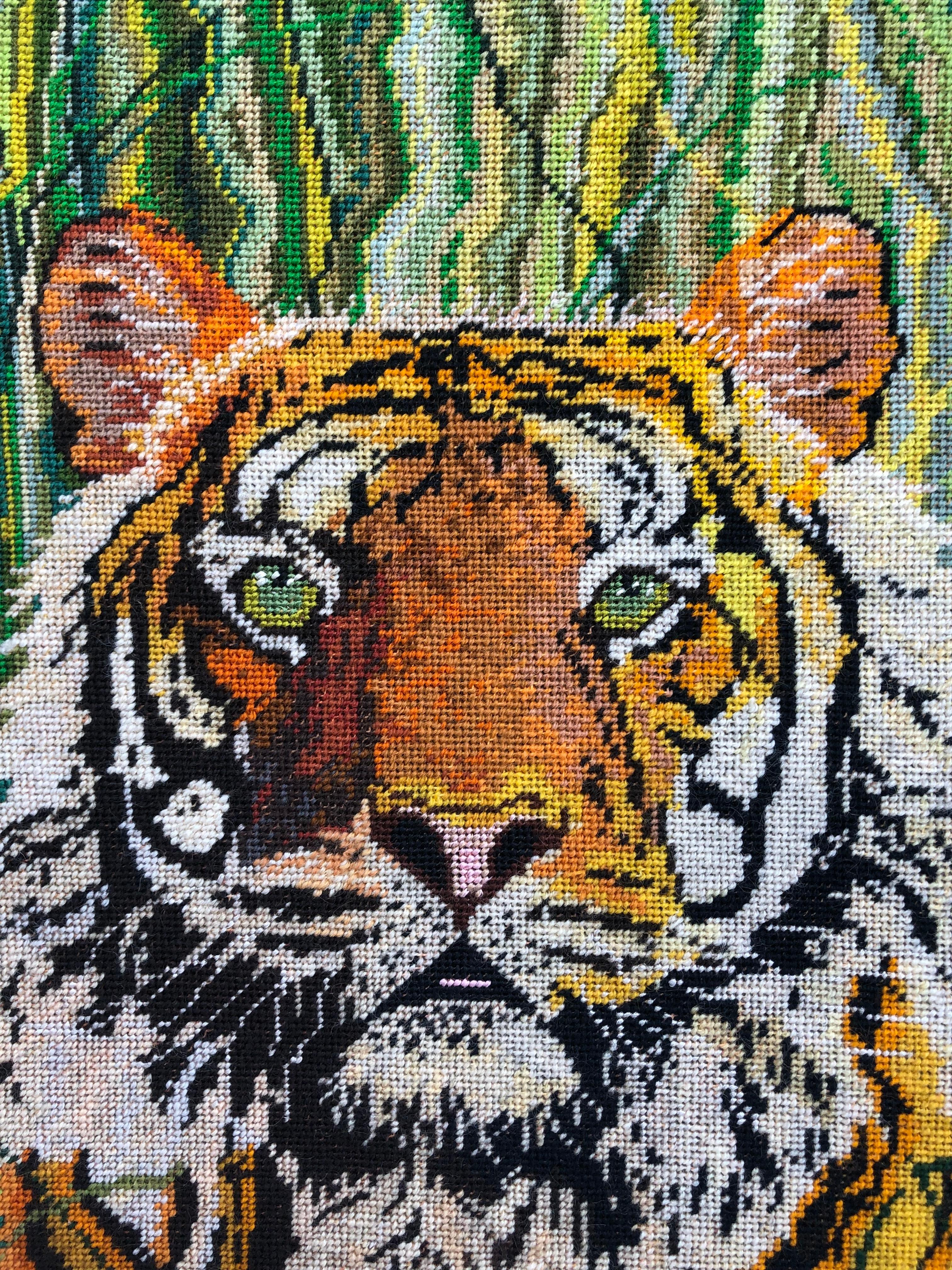 Modern Vintage 1970s Tiger Portrait, Needlepoint Embroidery in Brass Frame For Sale