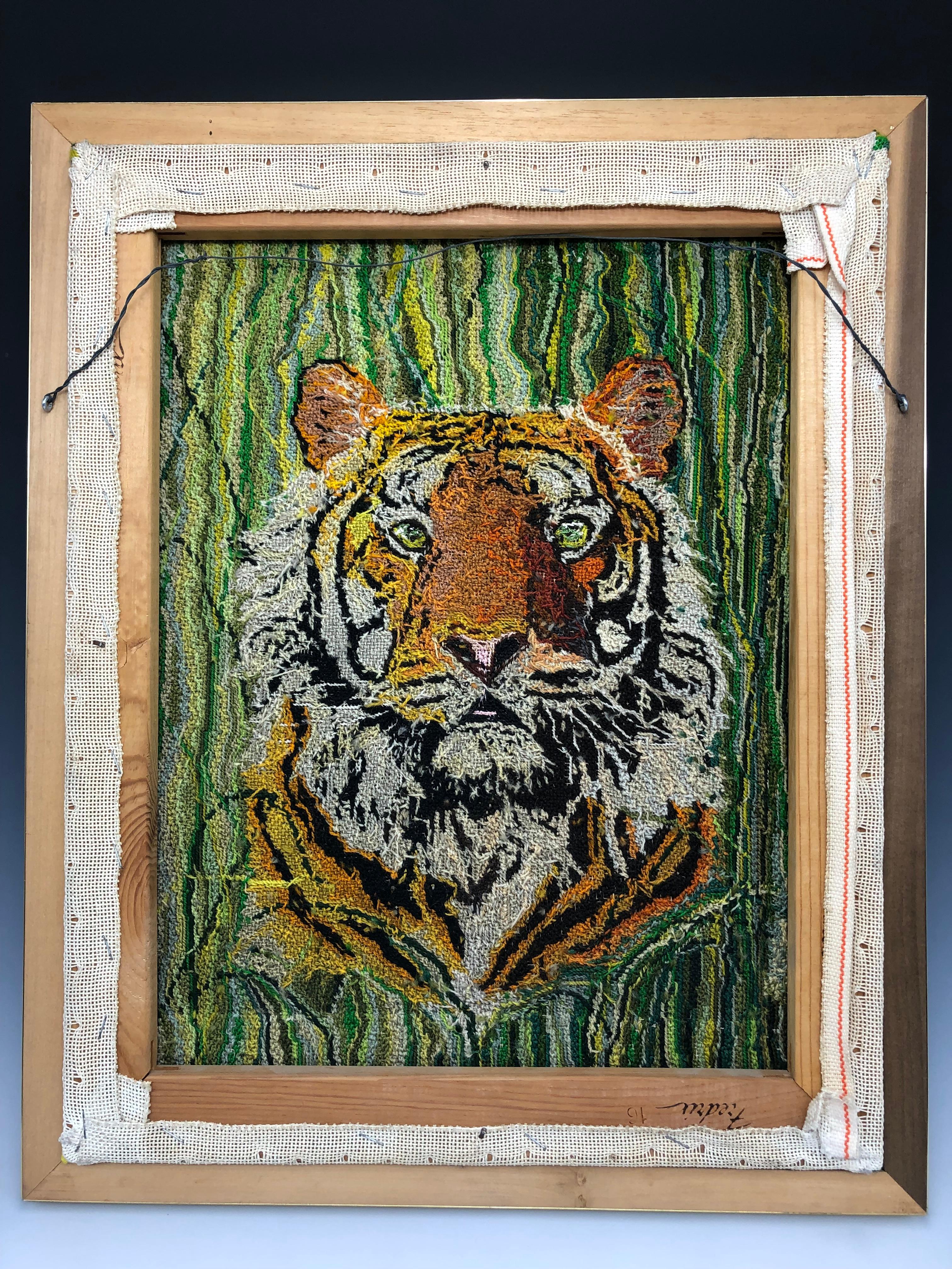 Embroidered Vintage 1970s Tiger Portrait, Needlepoint Embroidery in Brass Frame For Sale