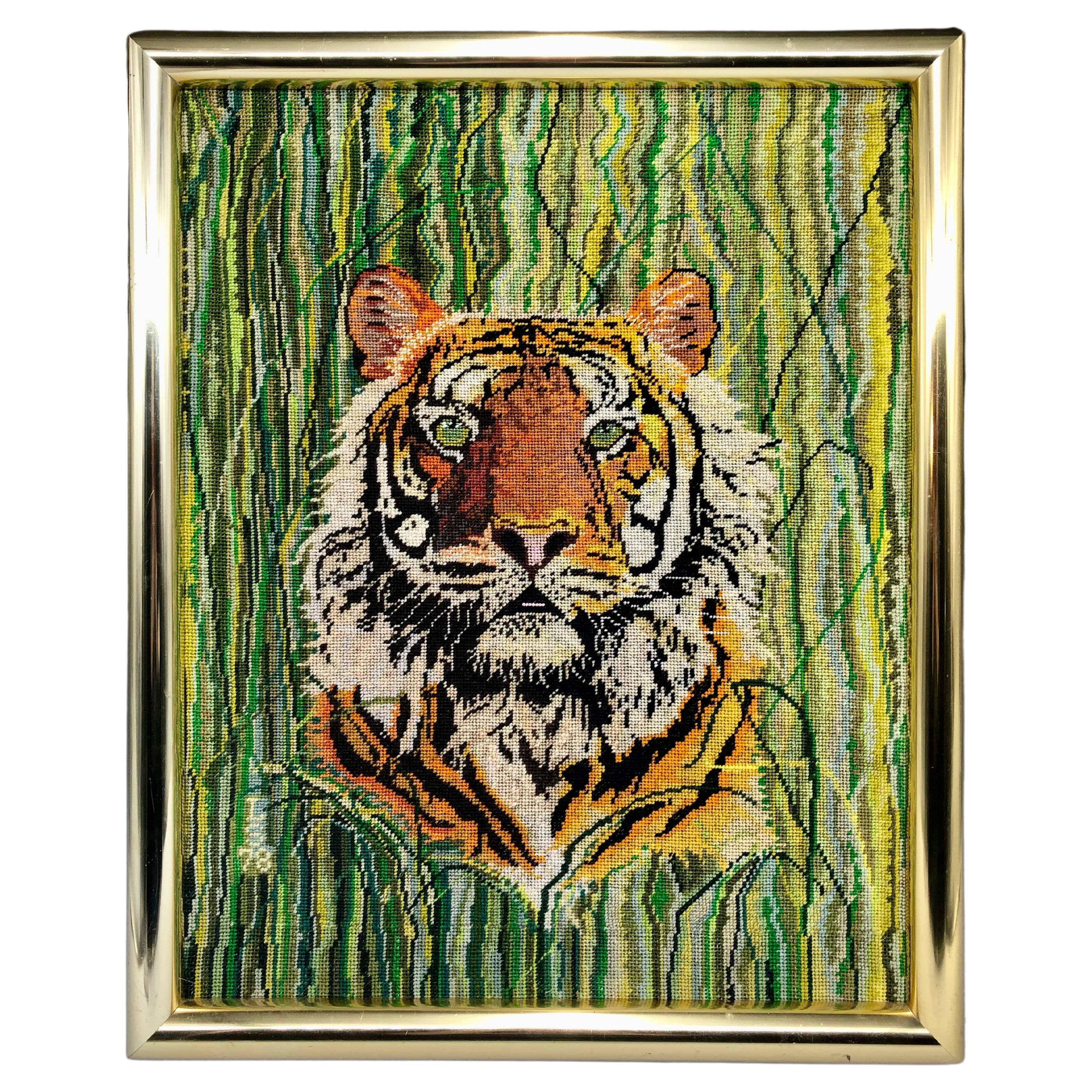 Vintage 1970s Tiger Portrait, Needlepoint Embroidery in Brass Frame For Sale