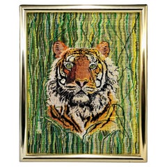 Vintage 1970s Tiger Portrait, Needlepoint Embroidery in Brass Frame