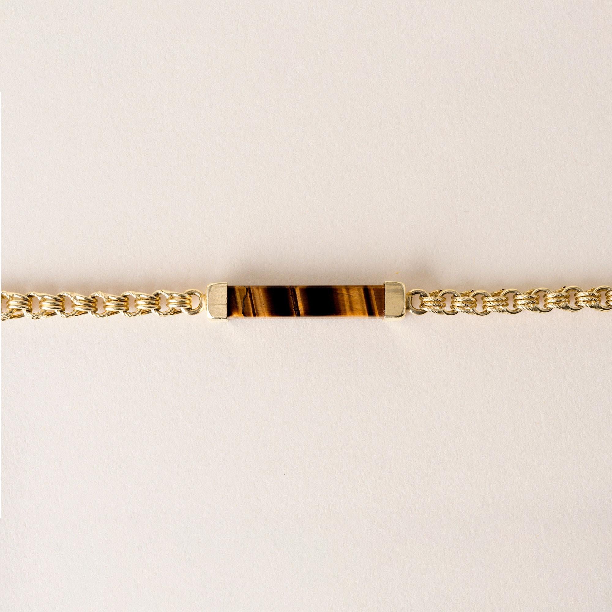 Contemporain Vintage 1970 Oeil de tigre pierre précieuse long  Collier à chaîne en or jaune 14K en vente