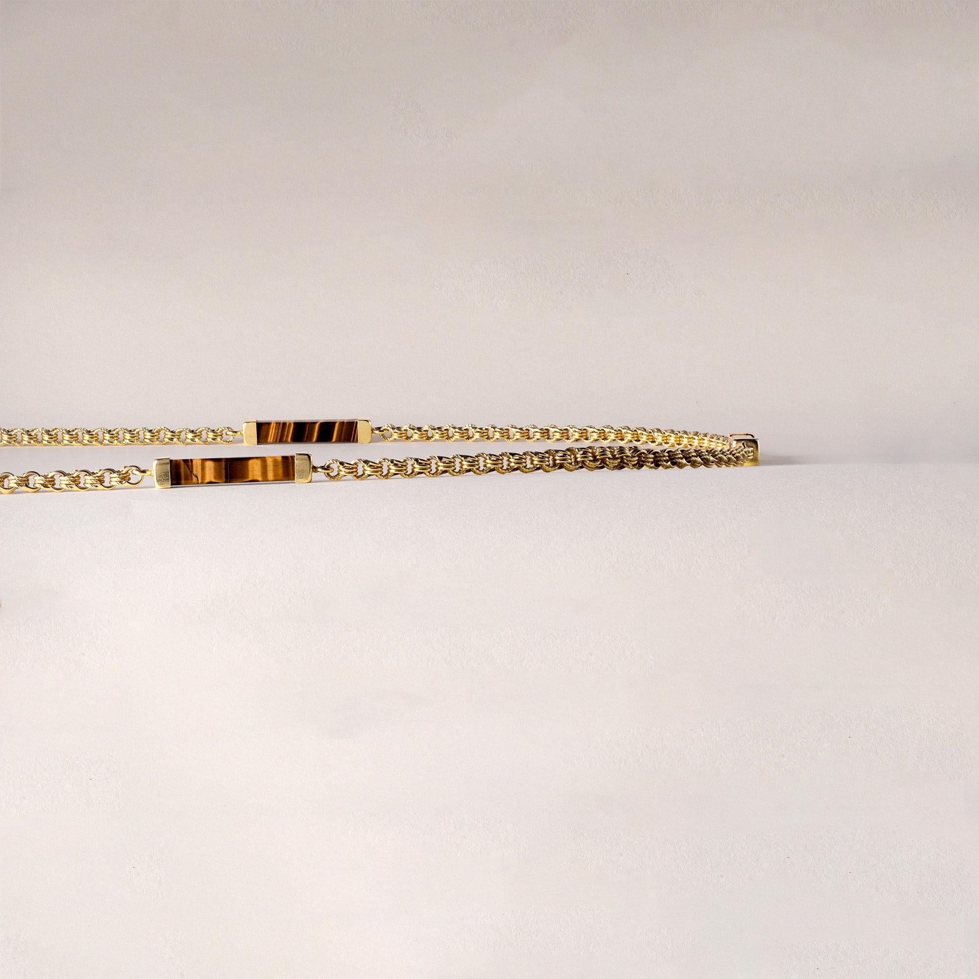 Vintage 1970 Oeil de tigre pierre précieuse long  Collier à chaîne en or jaune 14K Bon état - En vente à Los Angeles, CA
