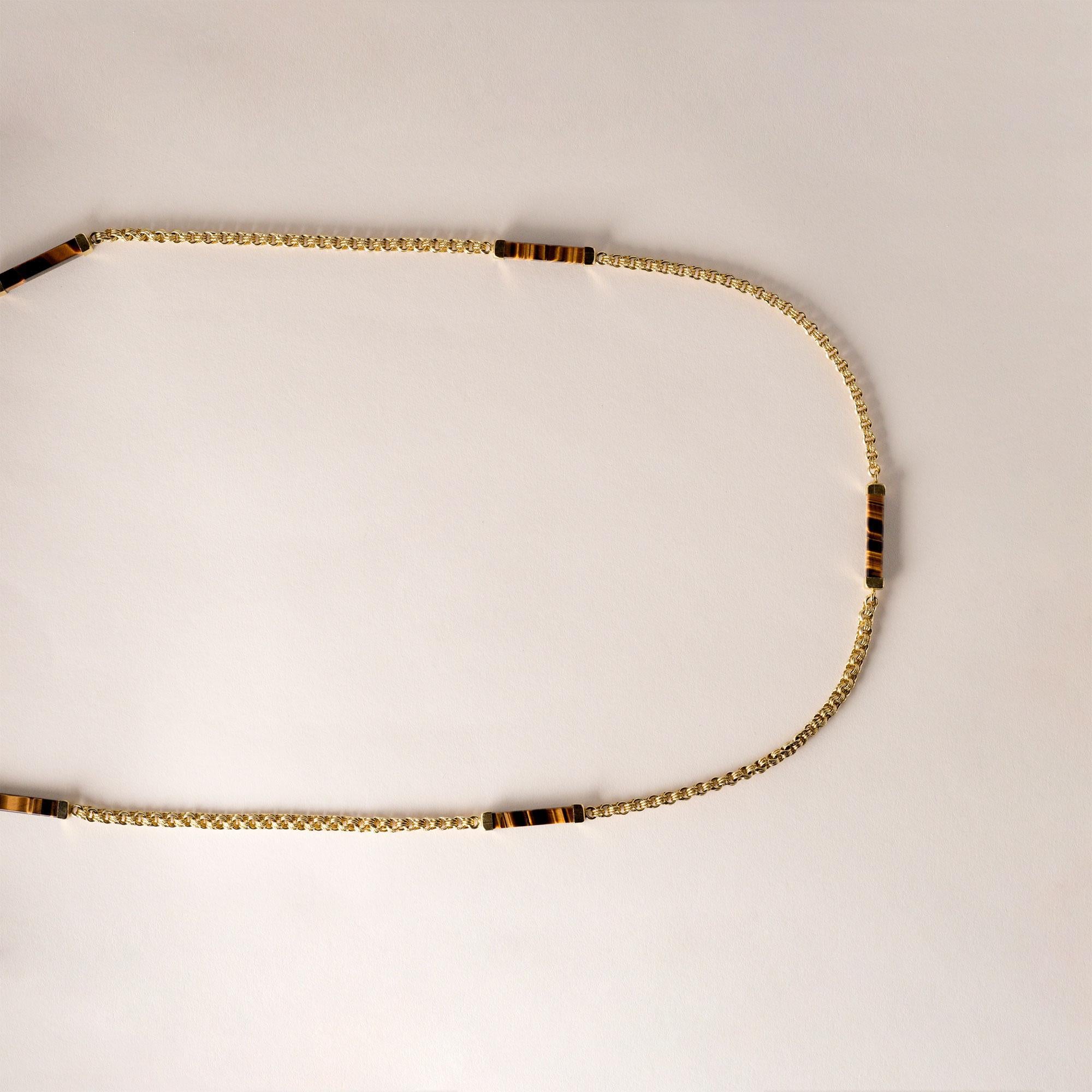 Vintage 1970 Oeil de tigre pierre précieuse long  Collier à chaîne en or jaune 14K Pour femmes en vente