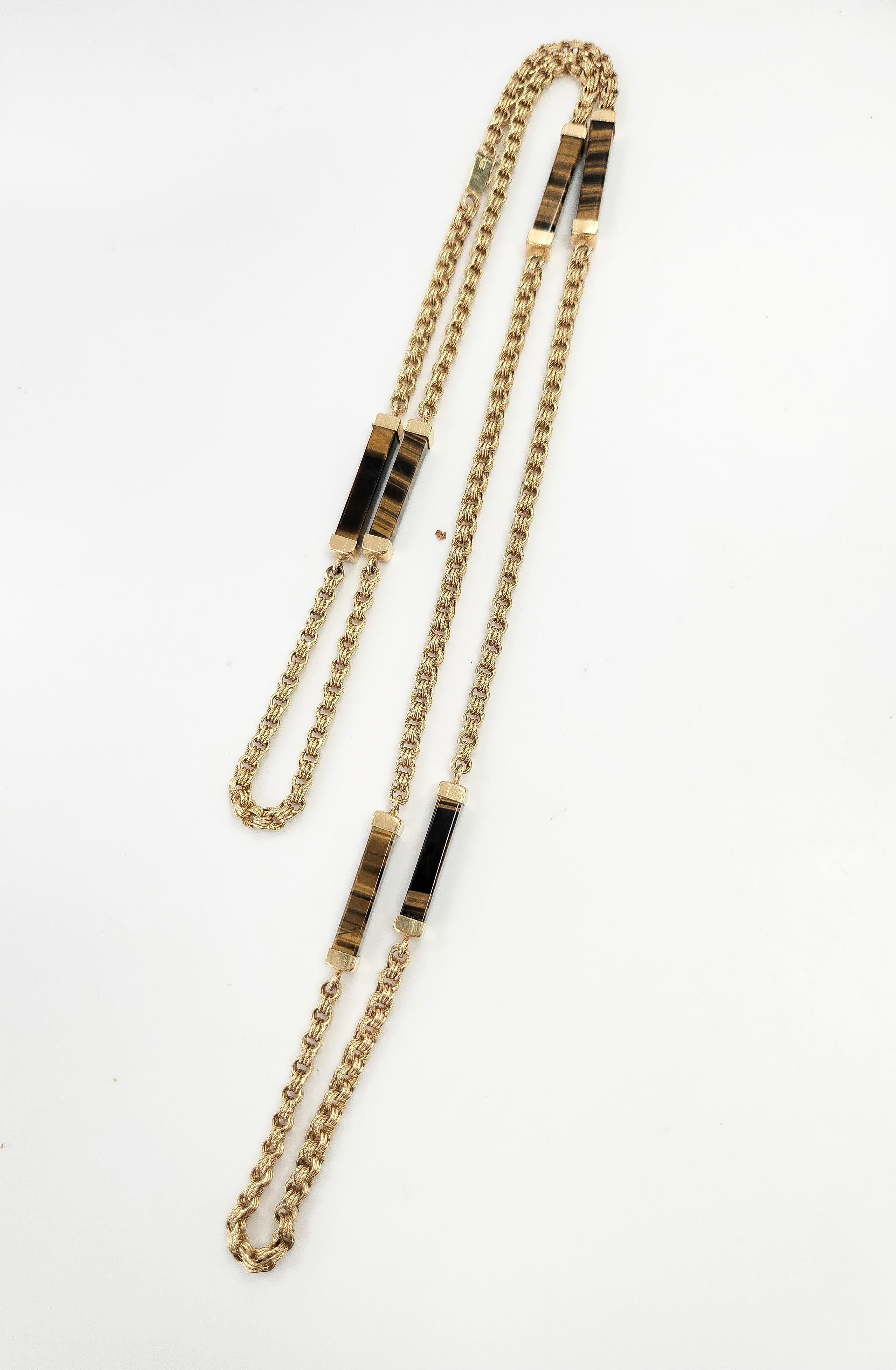 Vintage 1970 Oeil de tigre pierre précieuse long  Collier à chaîne en or jaune 14K en vente 2