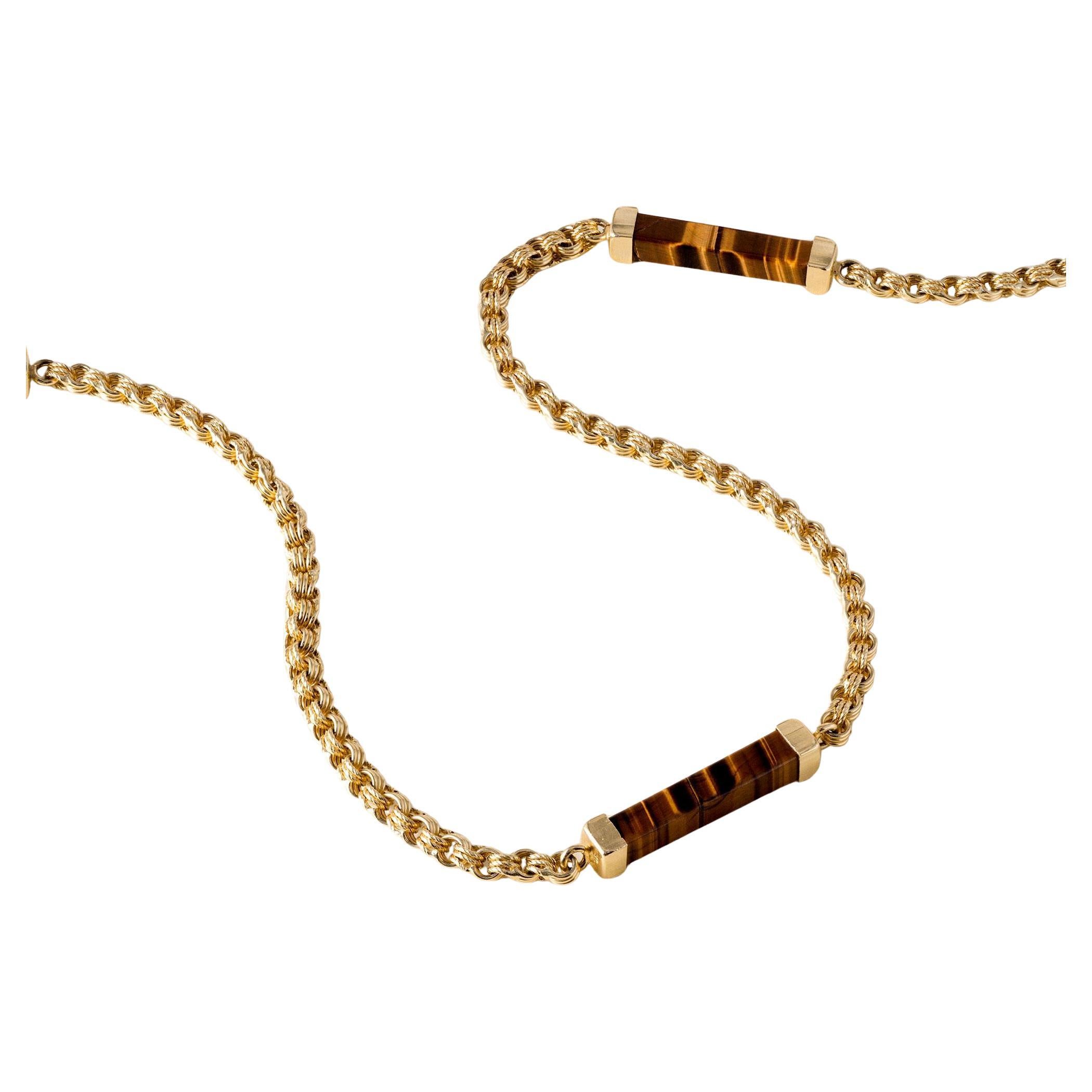Vintage 1970 Oeil de tigre pierre précieuse long  Collier à chaîne en or jaune 14K en vente